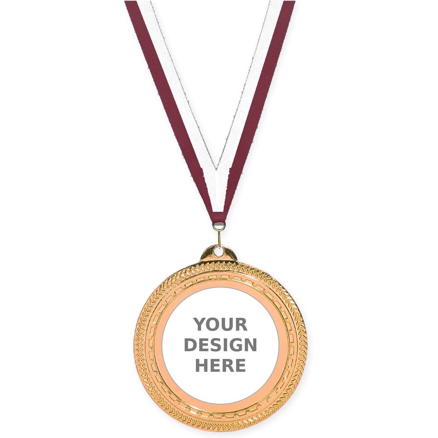 2 3/4 inch Rope Edge insert medal in antique bronze with Maroon White neck ribbon