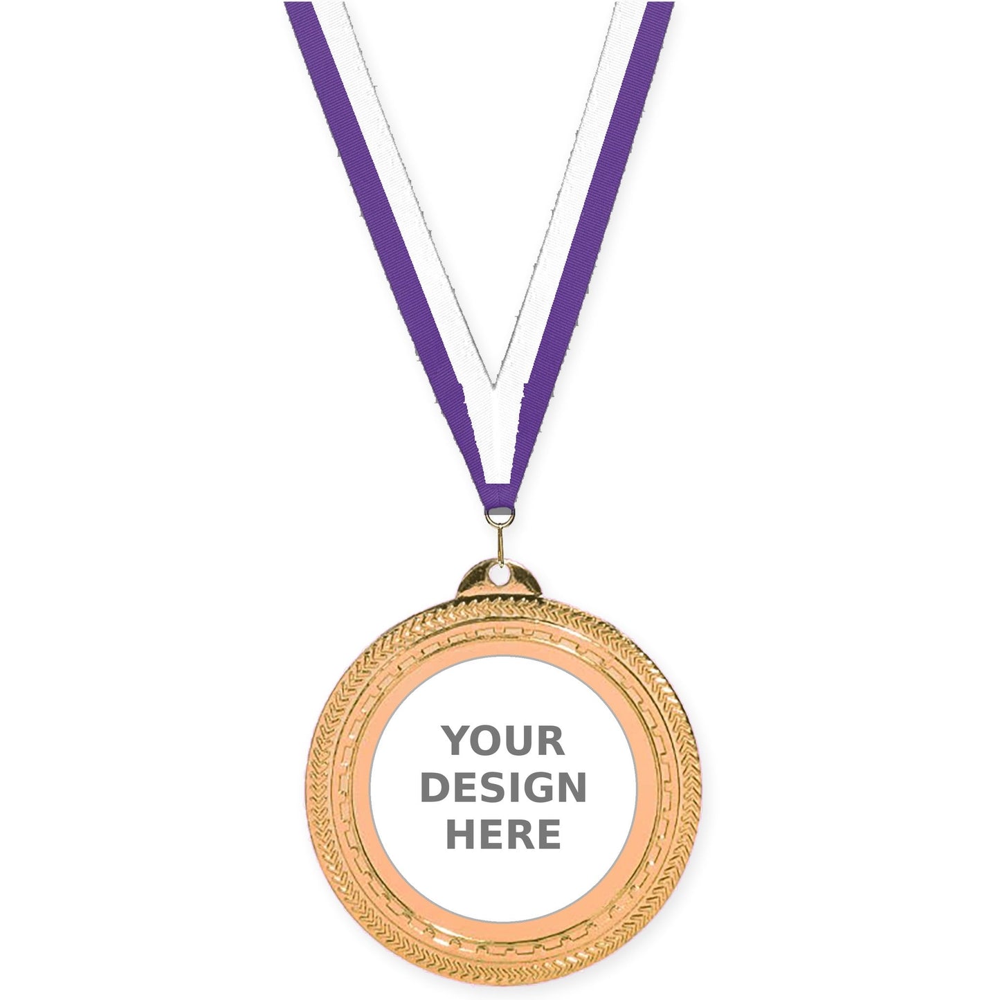 2 3/4 inch Rope Edge insert medal in antique bronze with Purple White neck ribbon