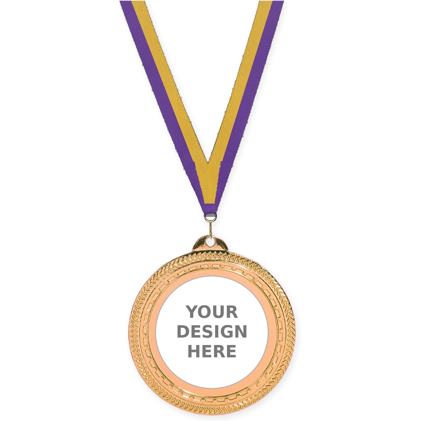 2 3/4 inch Rope Edge insert medal in antique bronze with Purple Gold neck ribbon
