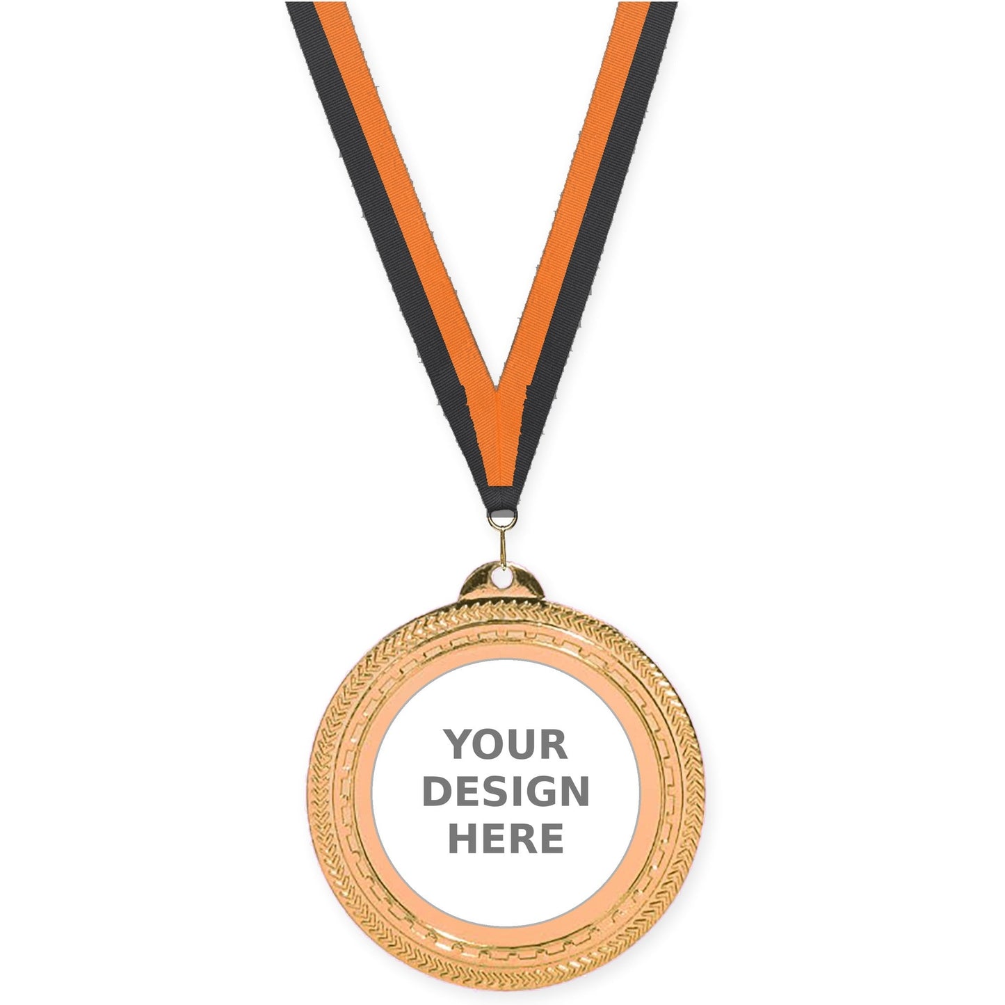 2 3/4 inch Rope Edge insert medal in antique bronze with Black Orange neck ribbon