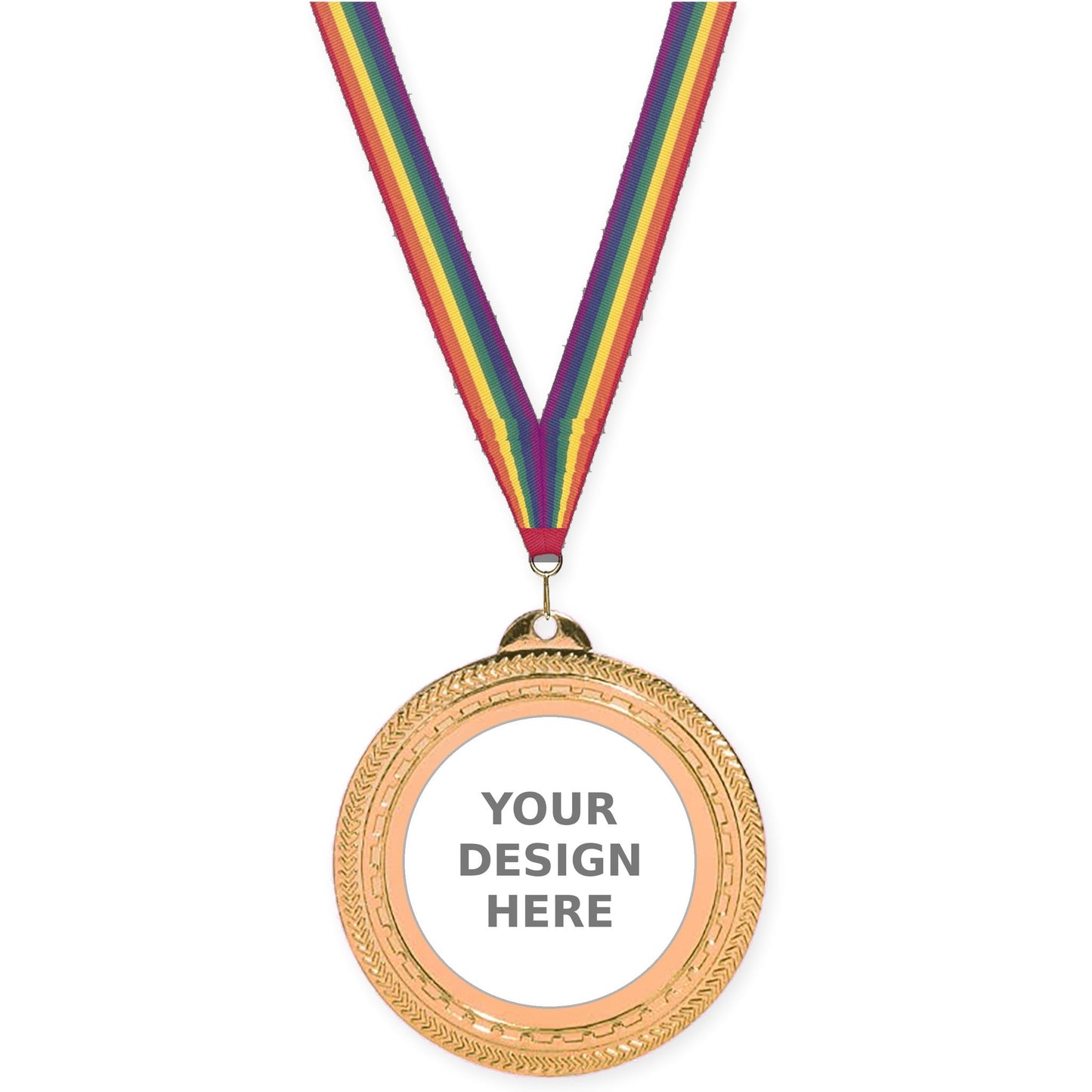 2 3/4 inch Rope Edge insert medal in antique bronze with Rainbow neck ribbon