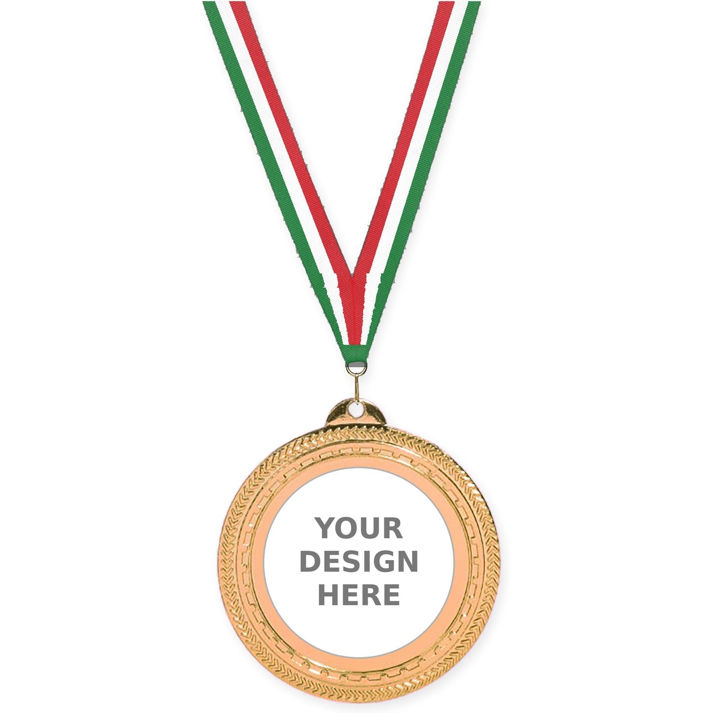 2 3/4 inch Rope Edge insert medal in antique bronze with Green White Red neck ribbon