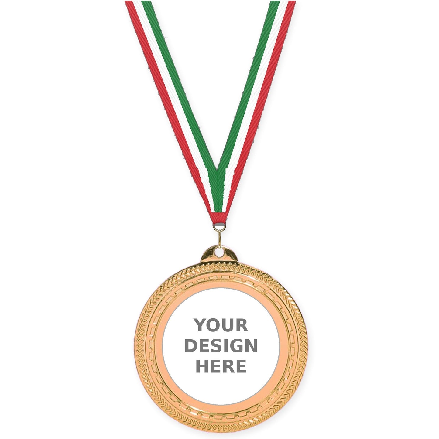 2 3/4 inch Rope Edge insert medal in antique bronze with Red White Green neck ribbon