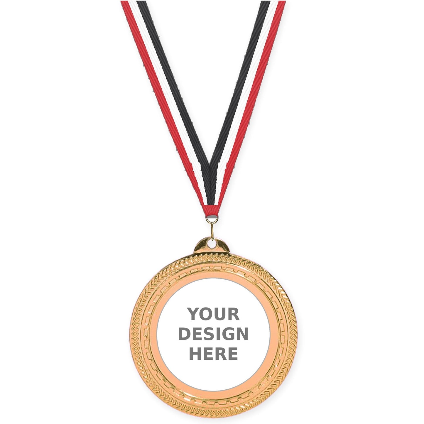 2 3/4 inch Rope Edge insert medal in antique bronze with Red White Black neck ribbon