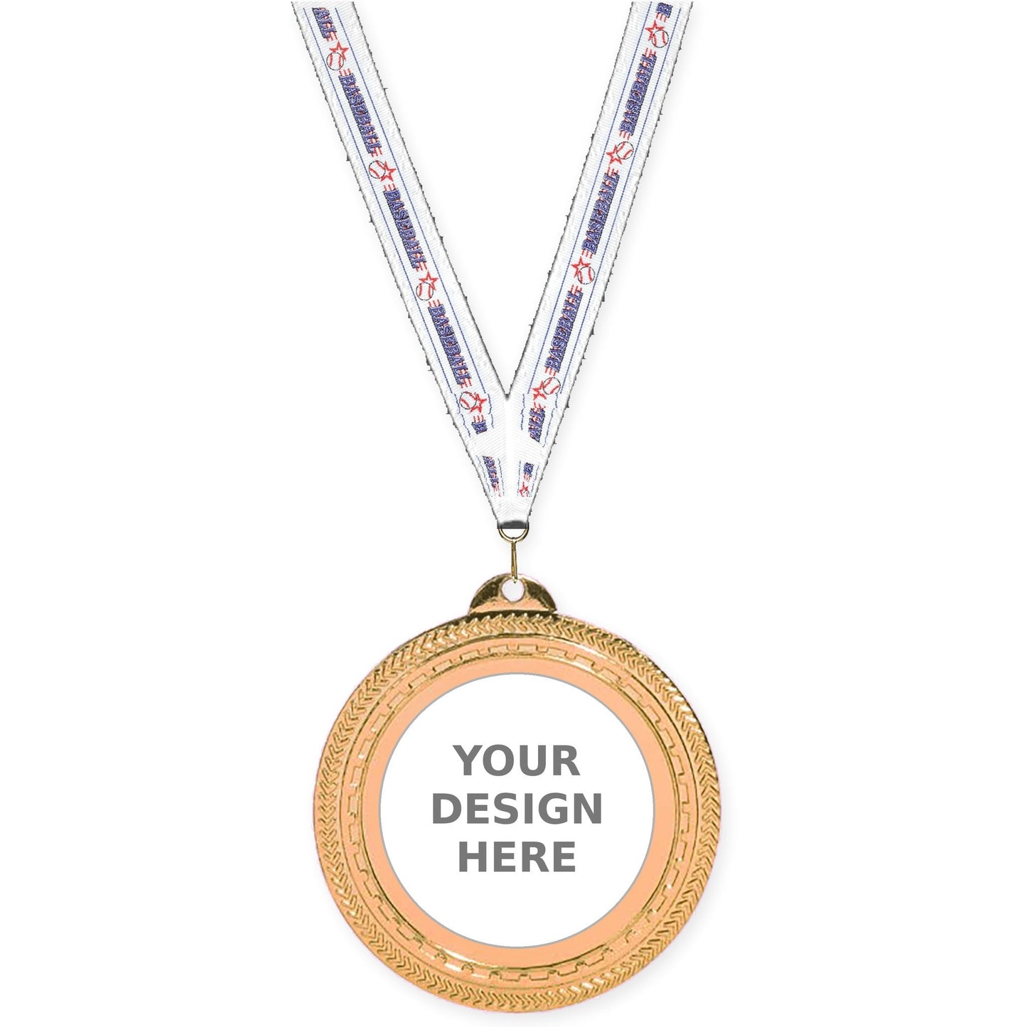 2 3/4 inch Rope Edge insert medal in antique bronze with Baseball neck ribbon