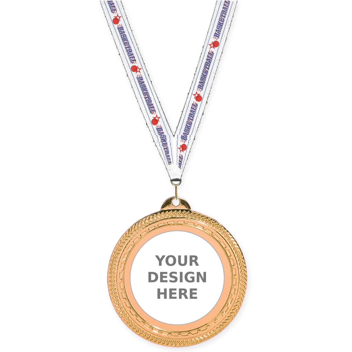 2 3/4 inch Rope Edge insert medal in antique bronze with Basketball neck ribbon