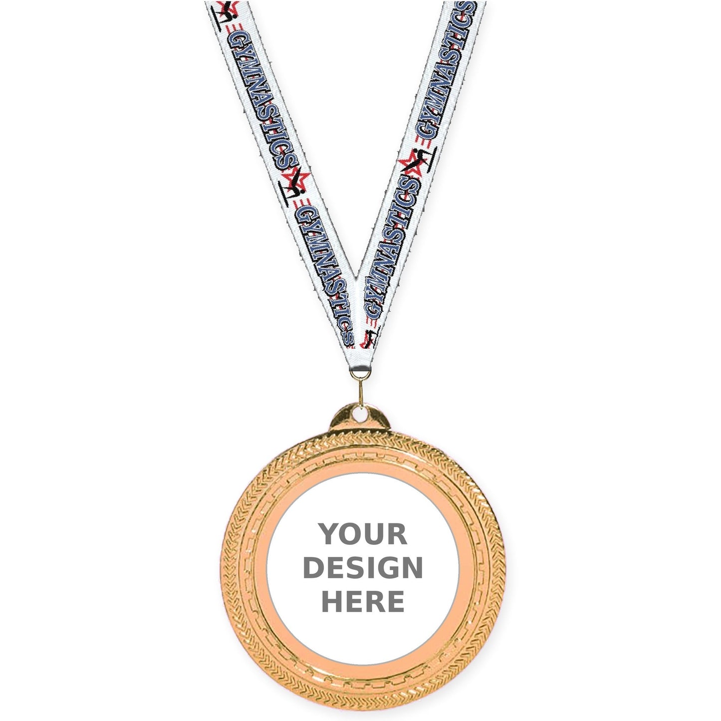 2 3/4 inch Rope Edge insert medal in antique bronze with Gymnastics neck ribbon