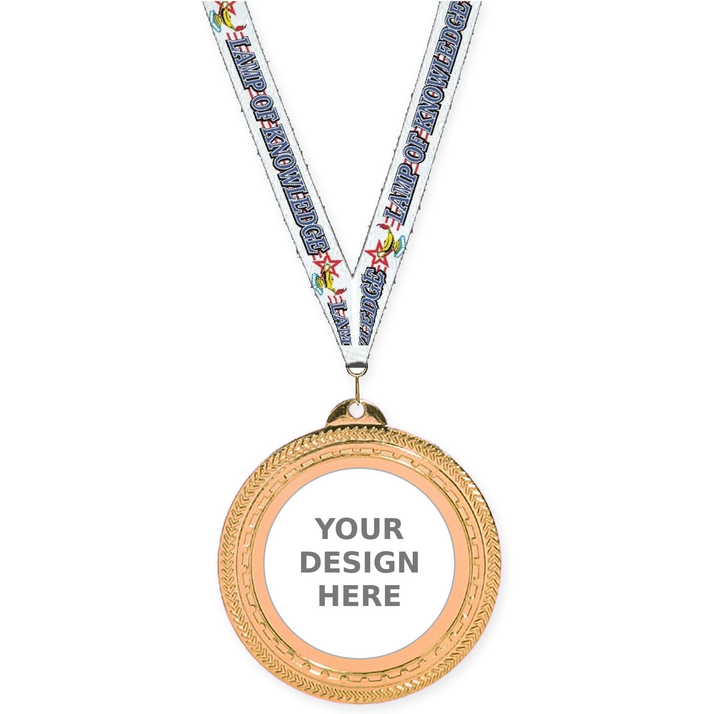 2 3/4 inch Rope Edge insert medal in antique bronze with Lamp Of Knowledge neck ribbon