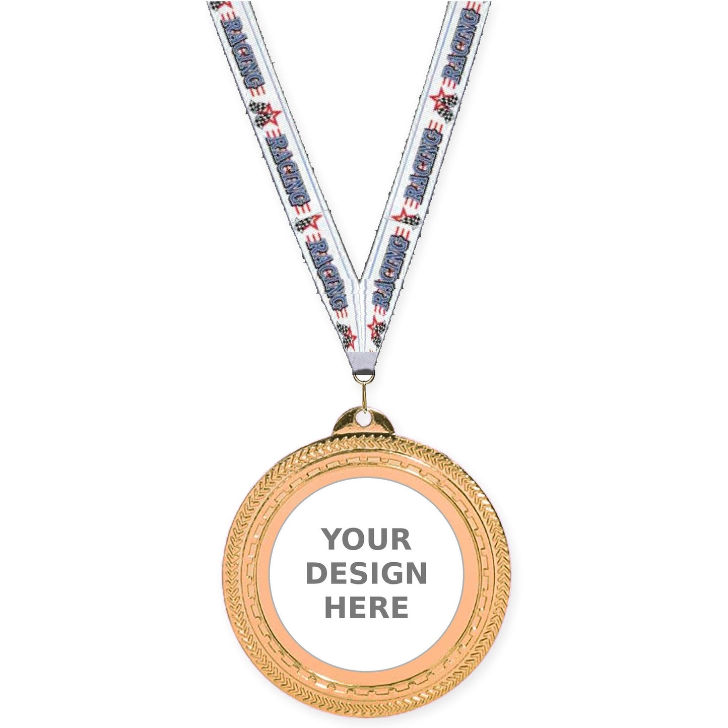 2 3/4 inch Rope Edge insert medal in antique bronze with Auto Racing neck ribbon