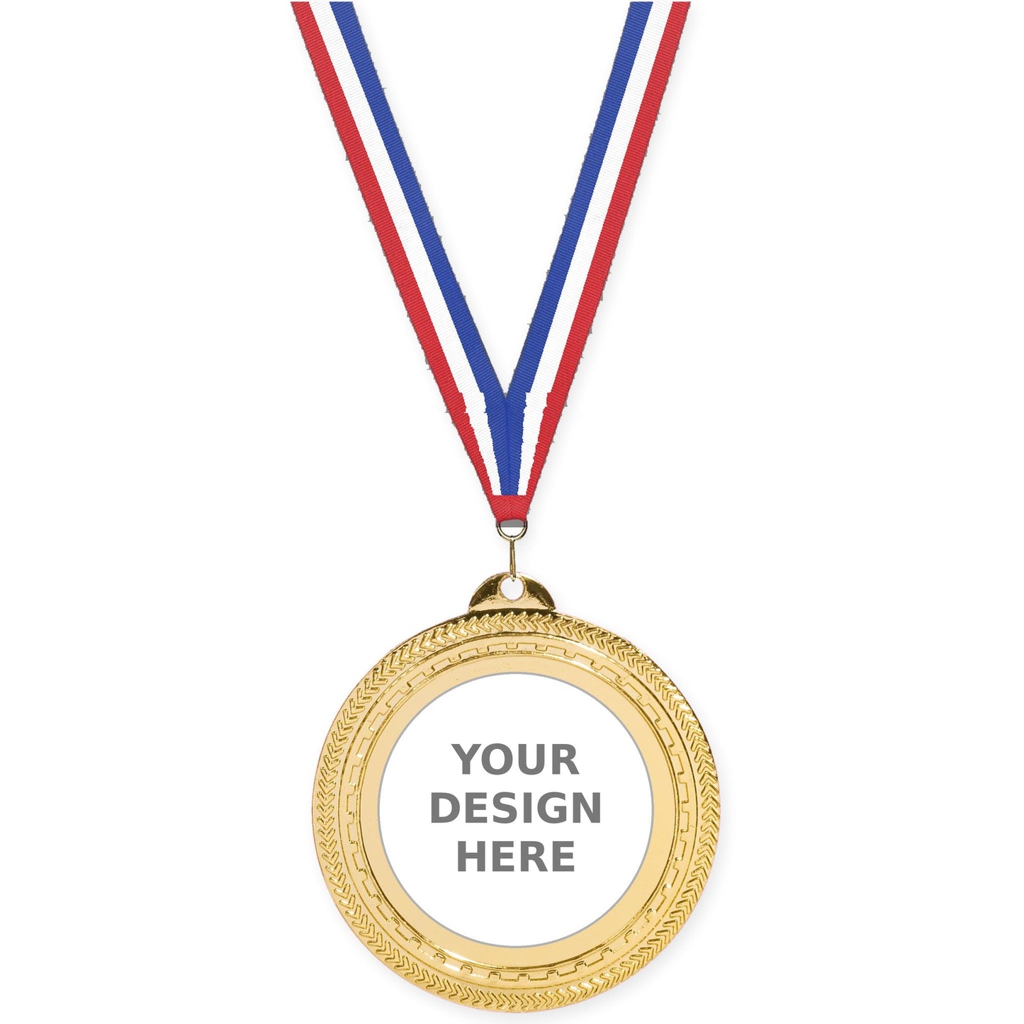 2 3/4 inch Rope Edge insert medal in bright gold with Red White Blue neck ribbon