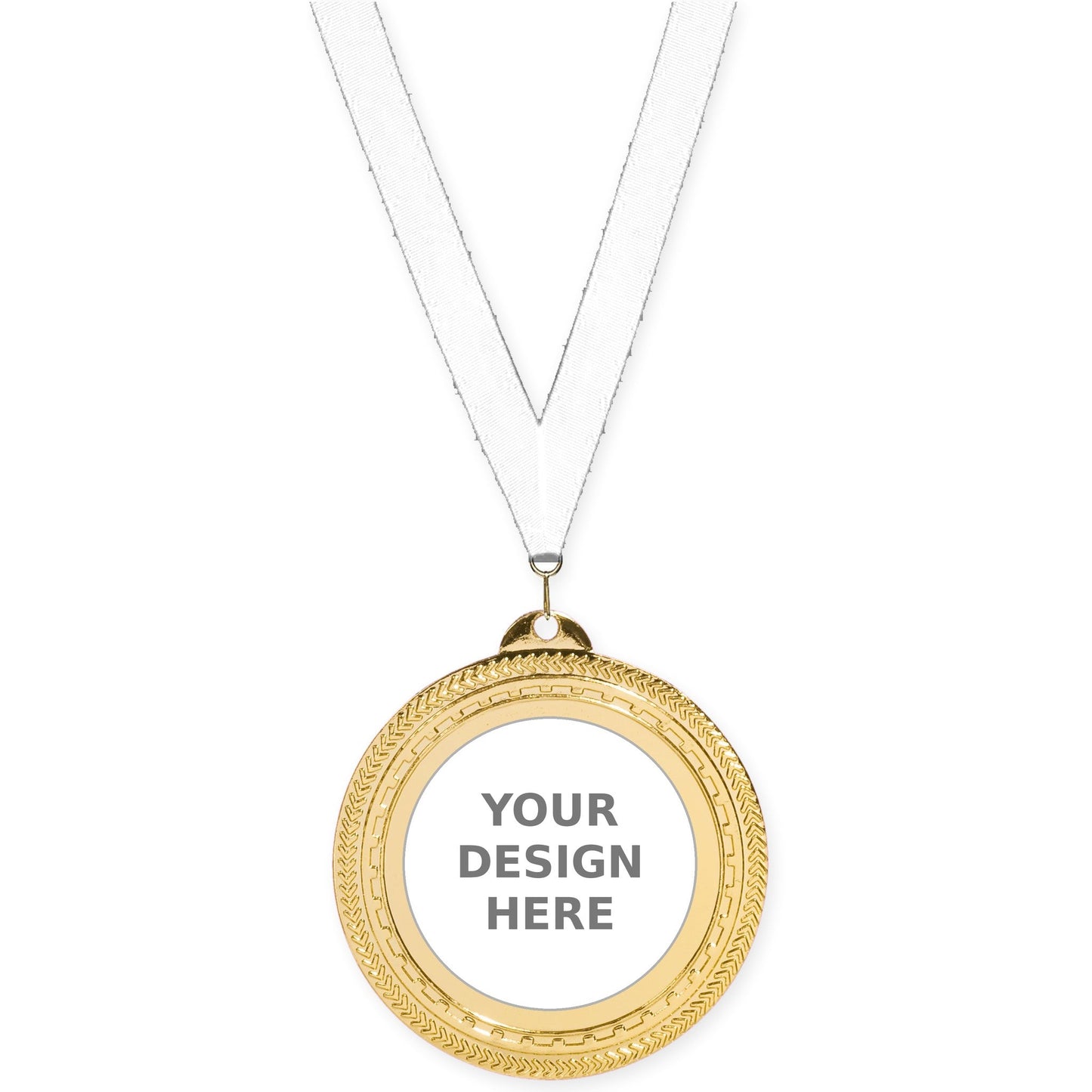 2 3/4 inch Rope Edge insert medal in bright gold with White neck ribbon