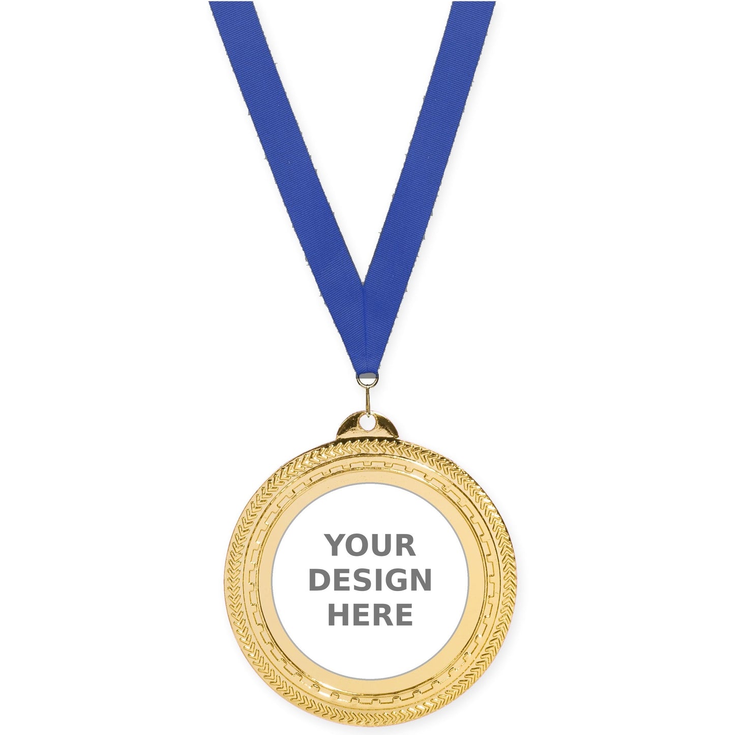 2 3/4 inch Rope Edge insert medal in bright gold with Blue neck ribbon