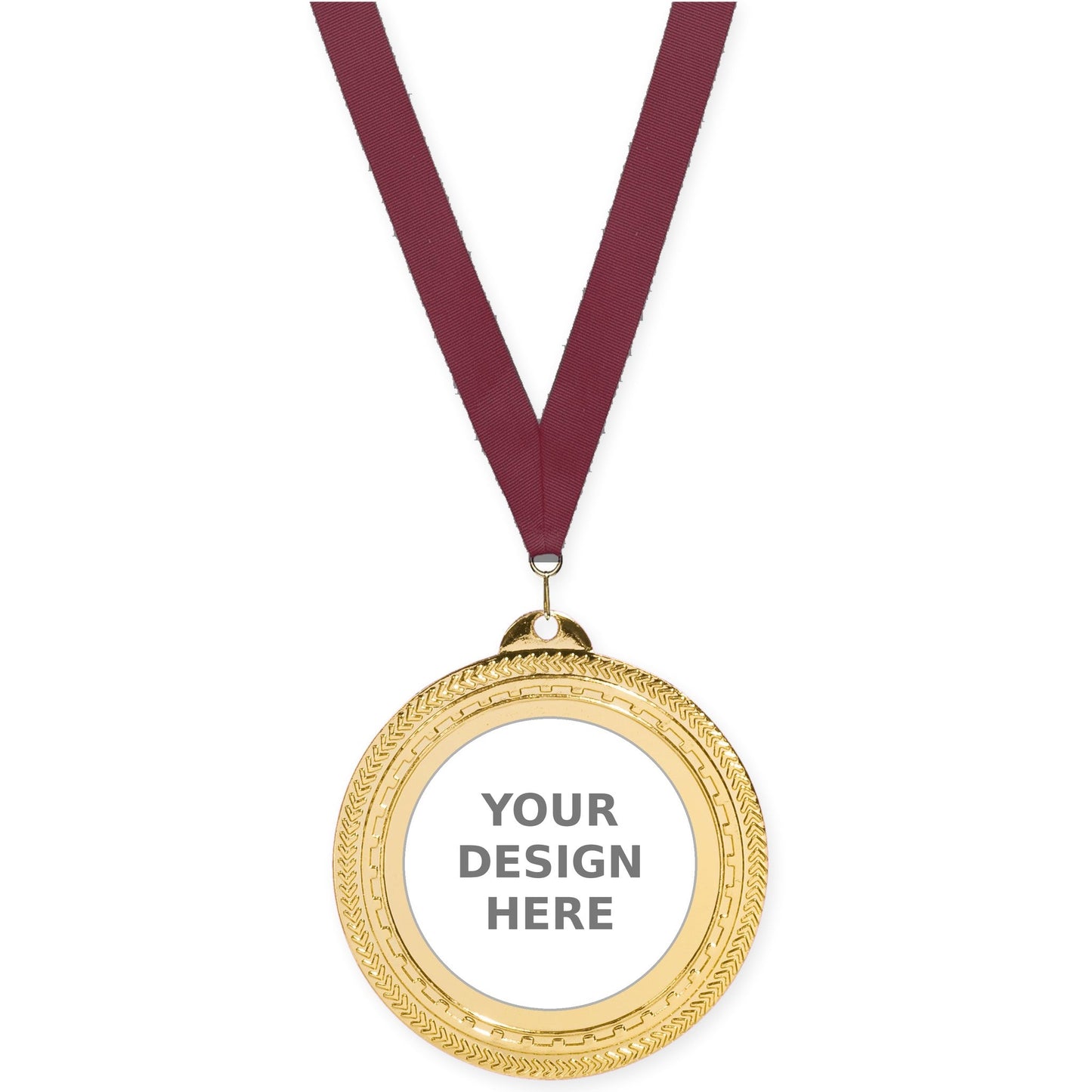 2 3/4 inch Rope Edge insert medal in bright gold with Maroon neck ribbon