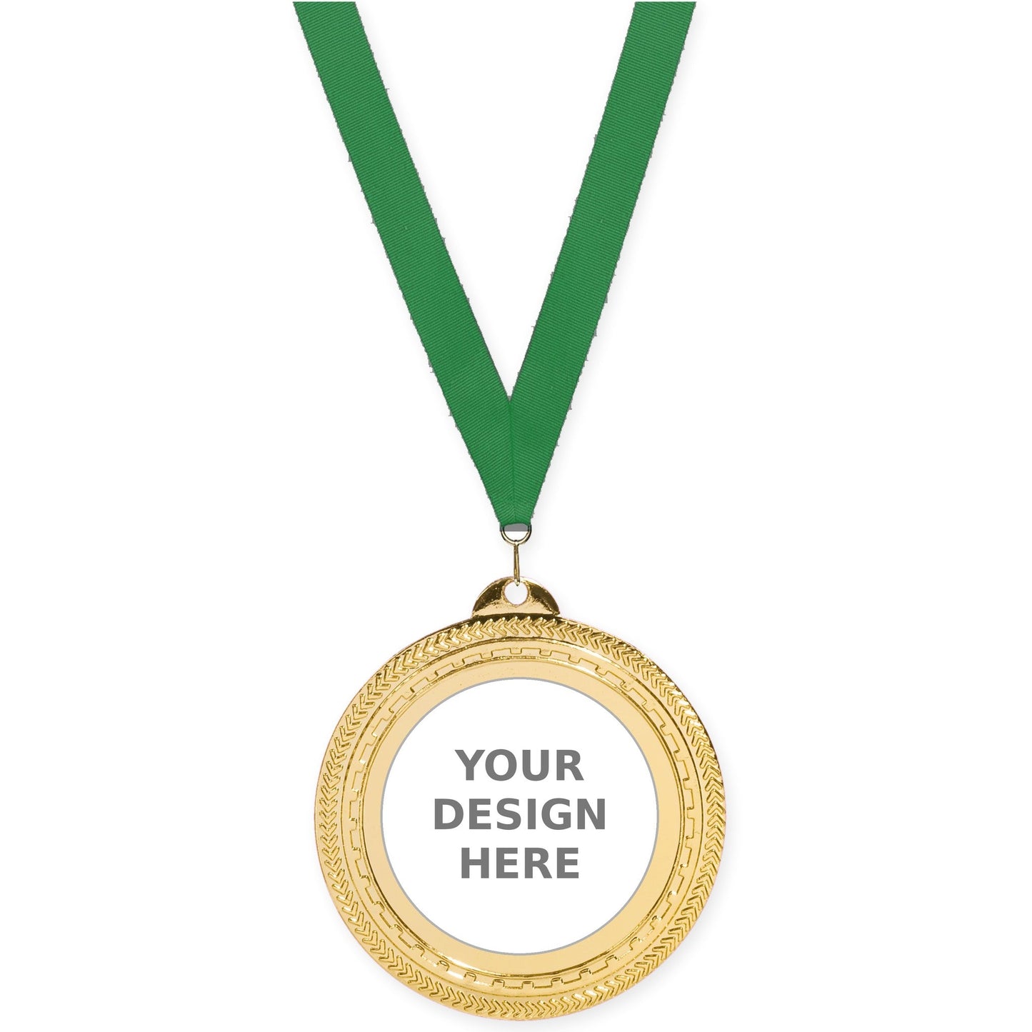2 3/4 inch Rope Edge insert medal in bright gold with Green neck ribbon