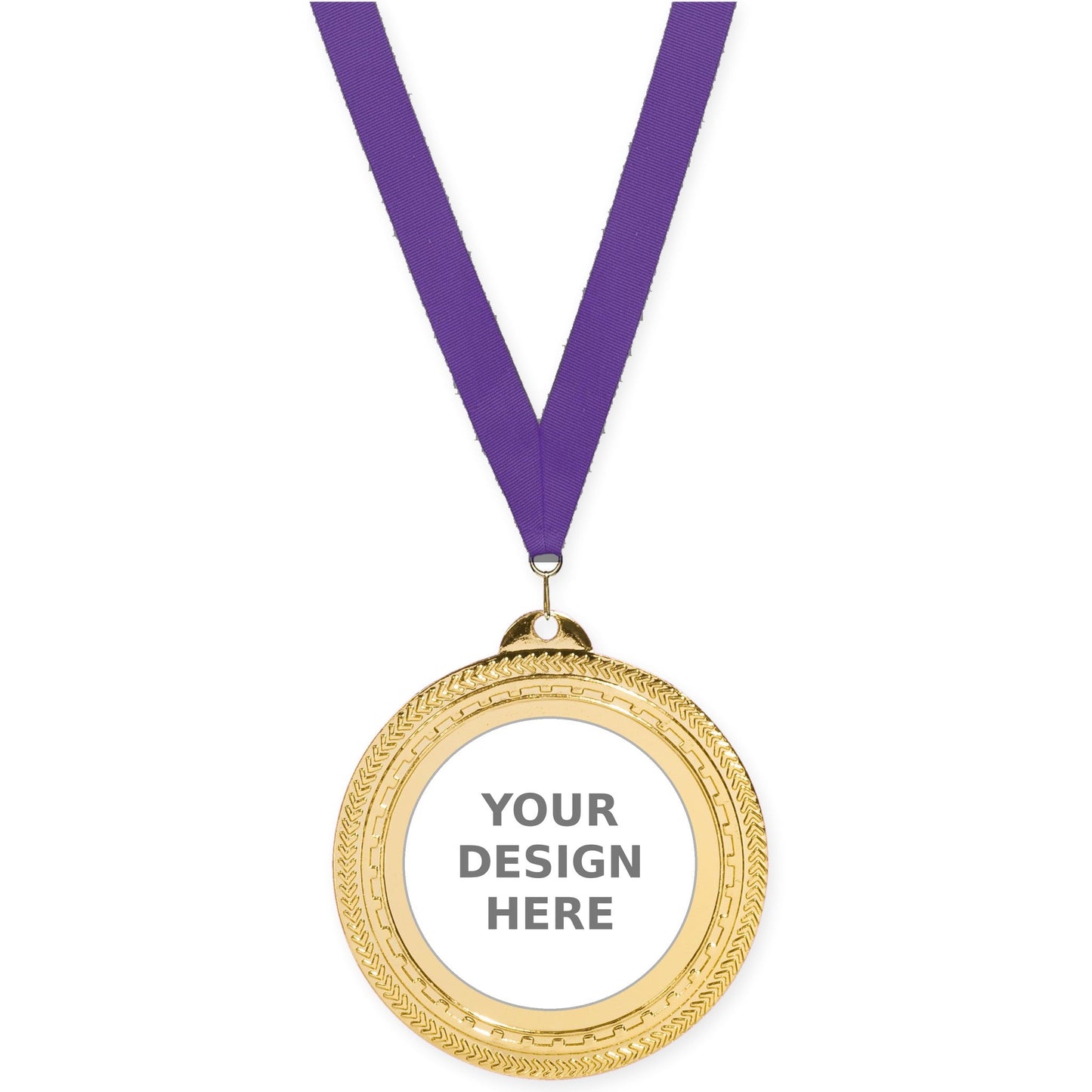 2 3/4 inch Rope Edge insert medal in bright gold with Purple neck ribbon
