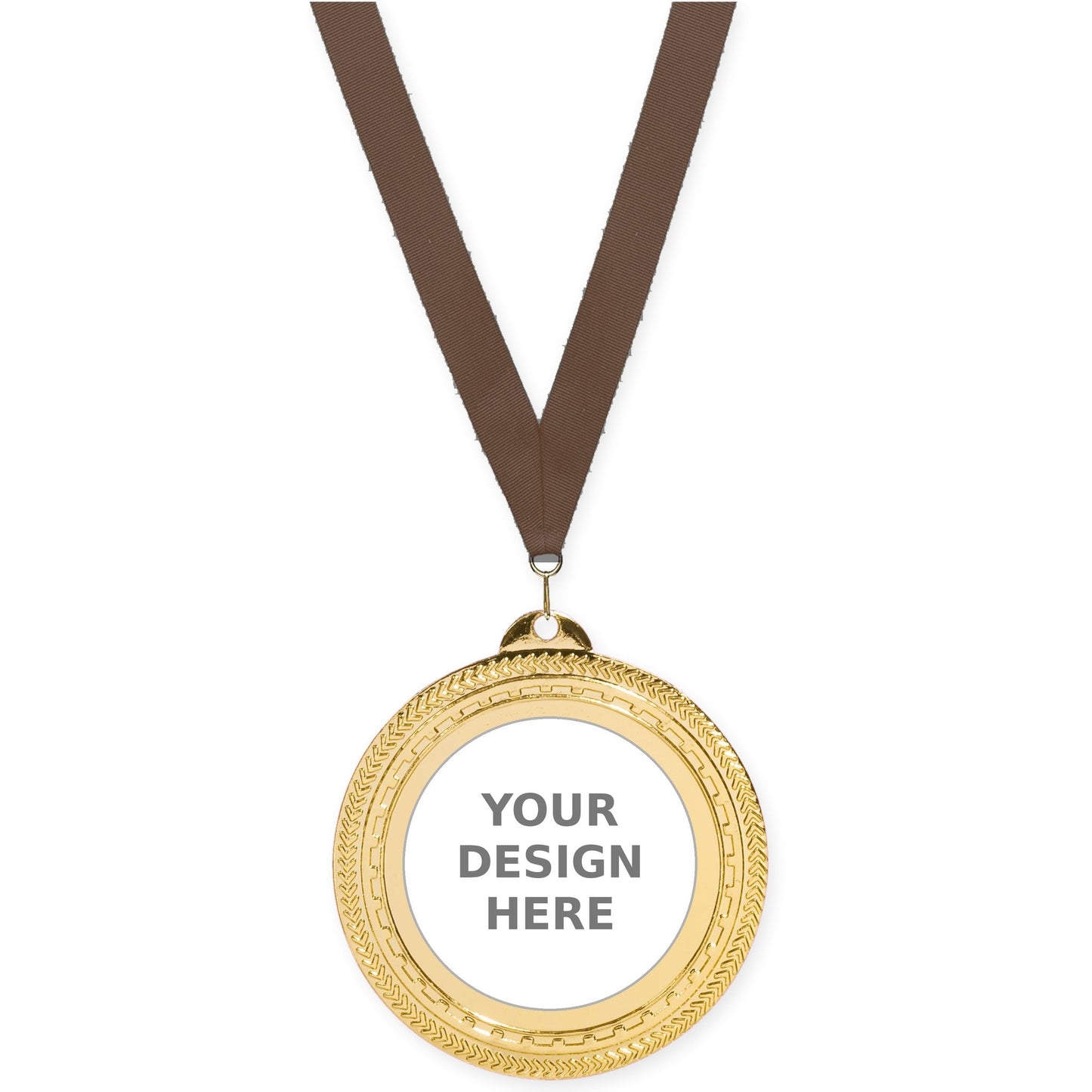 2 3/4 inch Rope Edge insert medal in bright gold with Brown neck ribbon