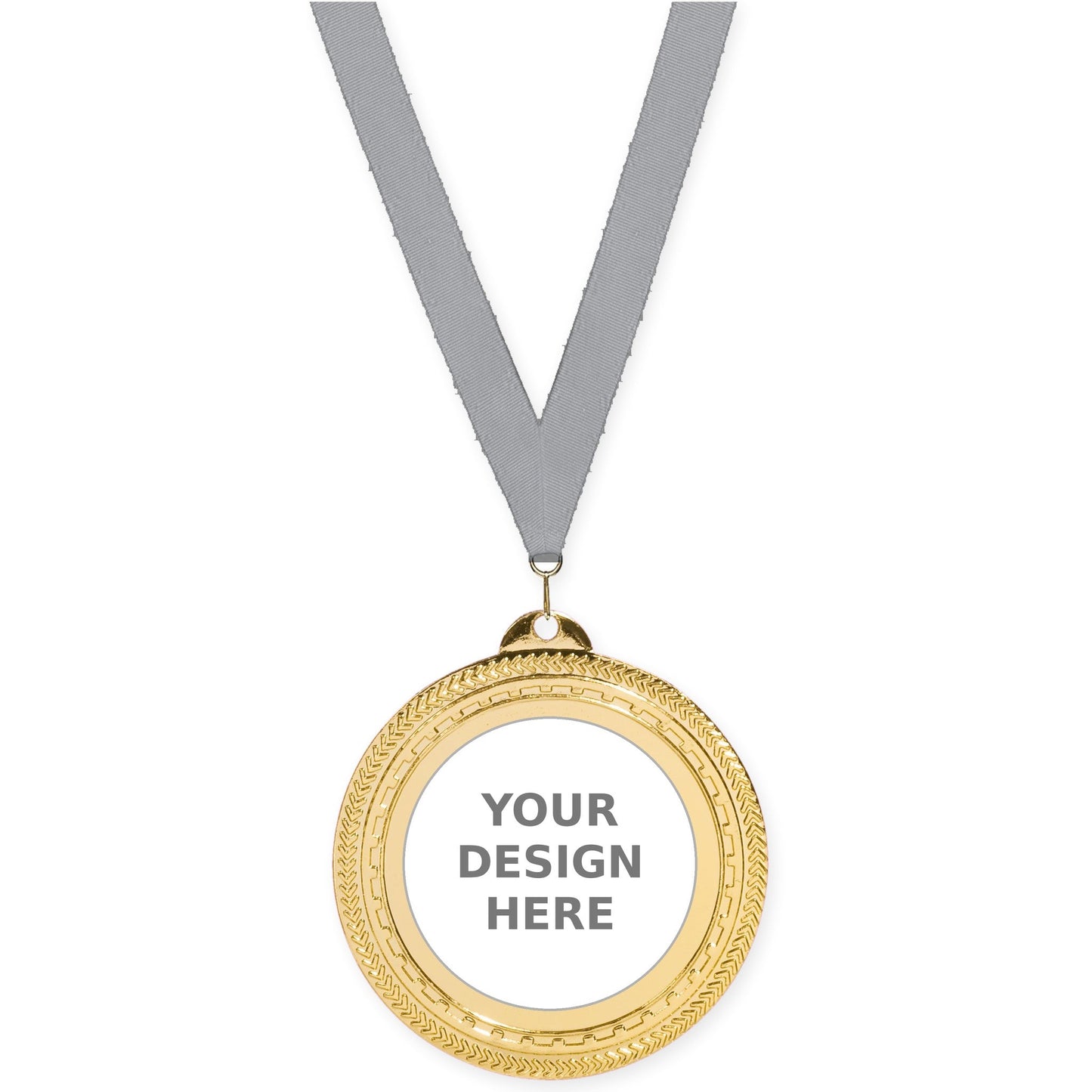 2 3/4 inch Rope Edge insert medal in bright gold with Gray neck ribbon