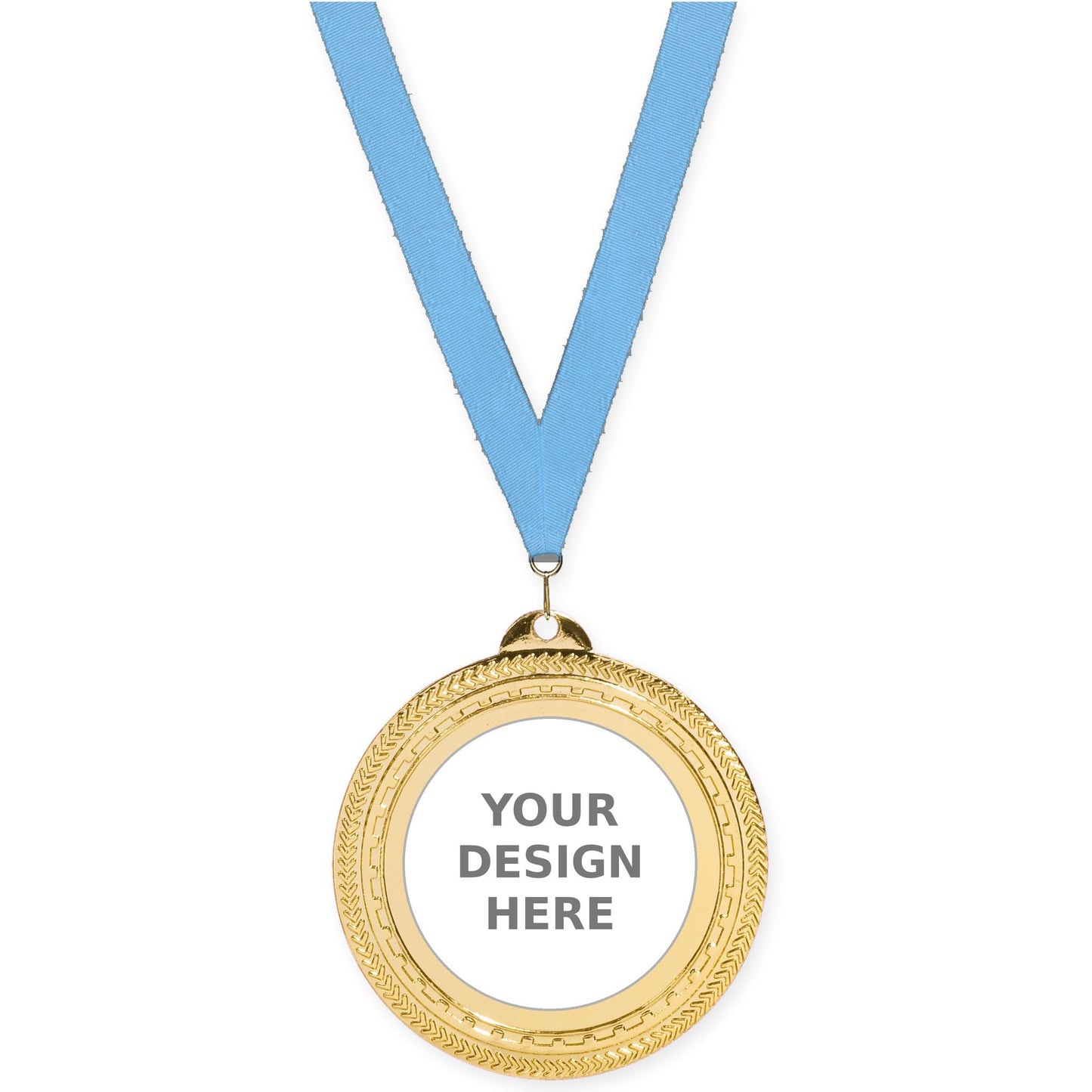 2 3/4 inch Rope Edge insert medal in bright gold with Light Blue neck ribbon