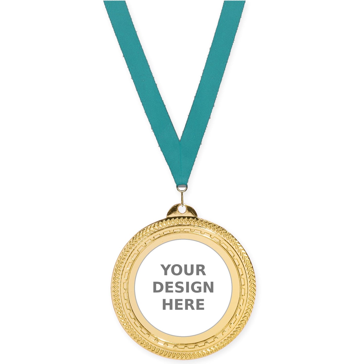 2 3/4 inch Rope Edge insert medal in bright gold with Teal neck ribbon