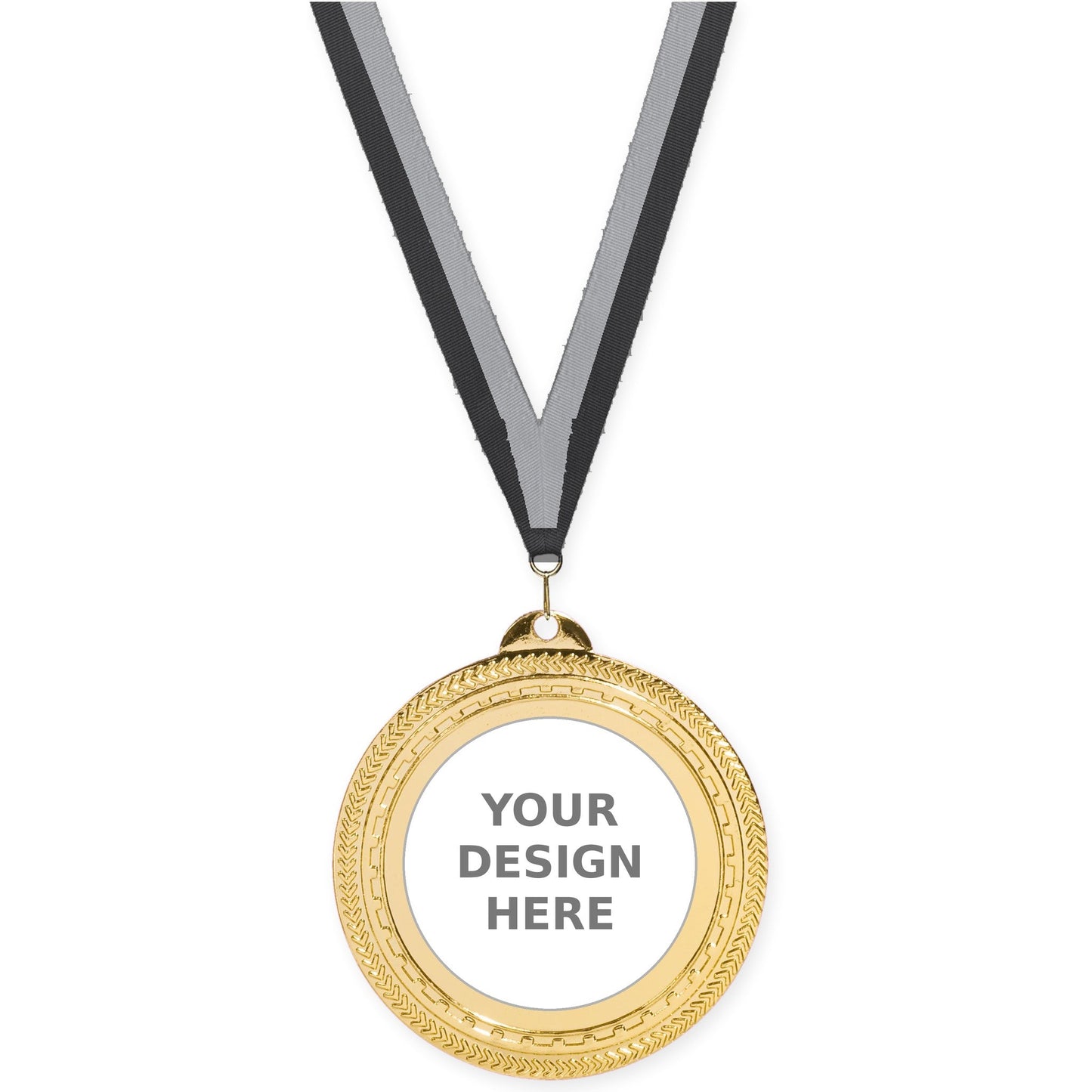 2 3/4 inch Rope Edge insert medal in bright gold with Black Gray neck ribbon