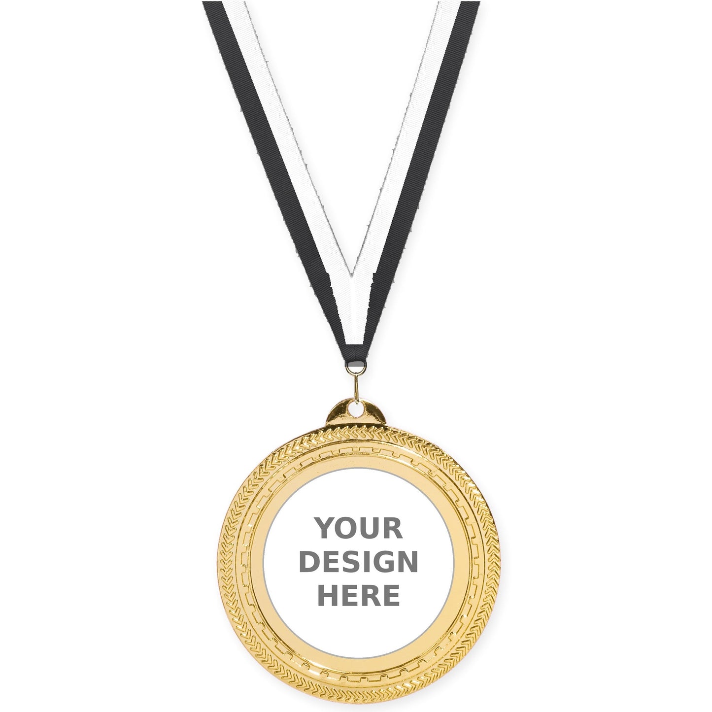 2 3/4 inch Rope Edge insert medal in bright gold with Black White neck ribbon