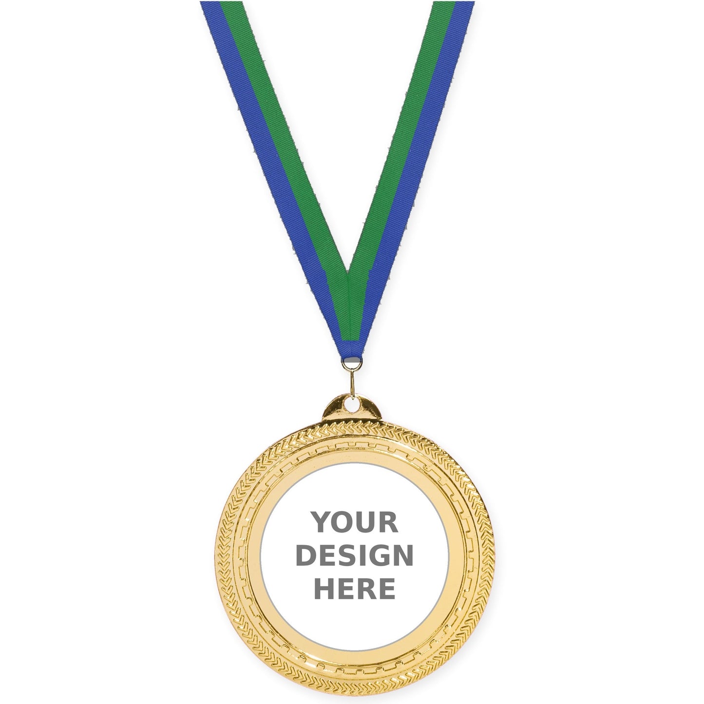 2 3/4 inch Rope Edge insert medal in bright gold with Blue Green neck ribbon