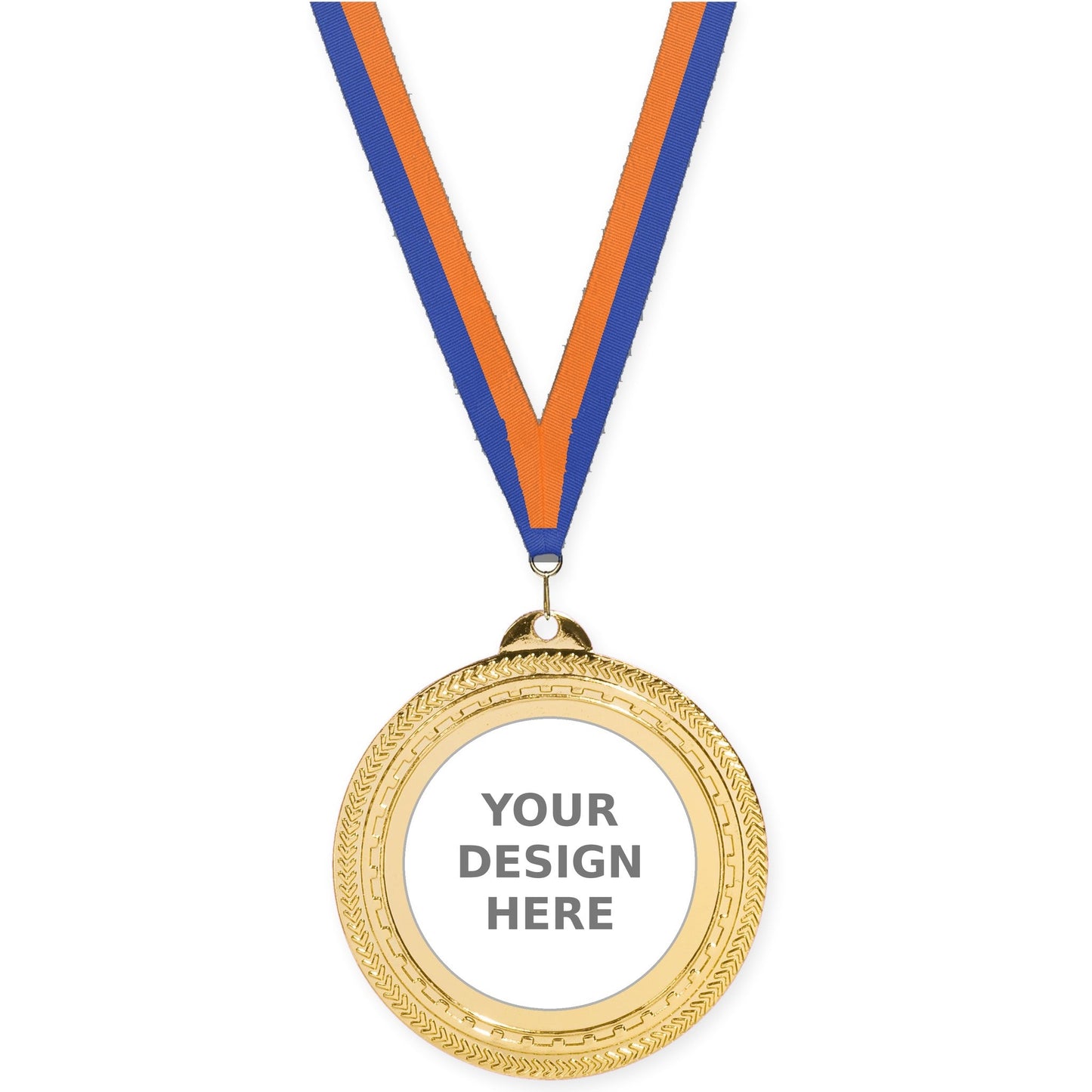 2 3/4 inch Rope Edge insert medal in bright gold with Blue Orange neck ribbon