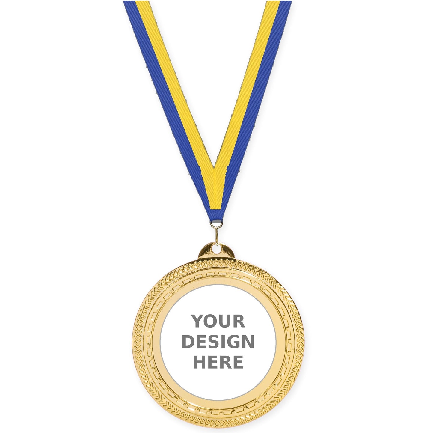 2 3/4 inch Rope Edge insert medal in bright gold with Blue Yellow neck ribbon