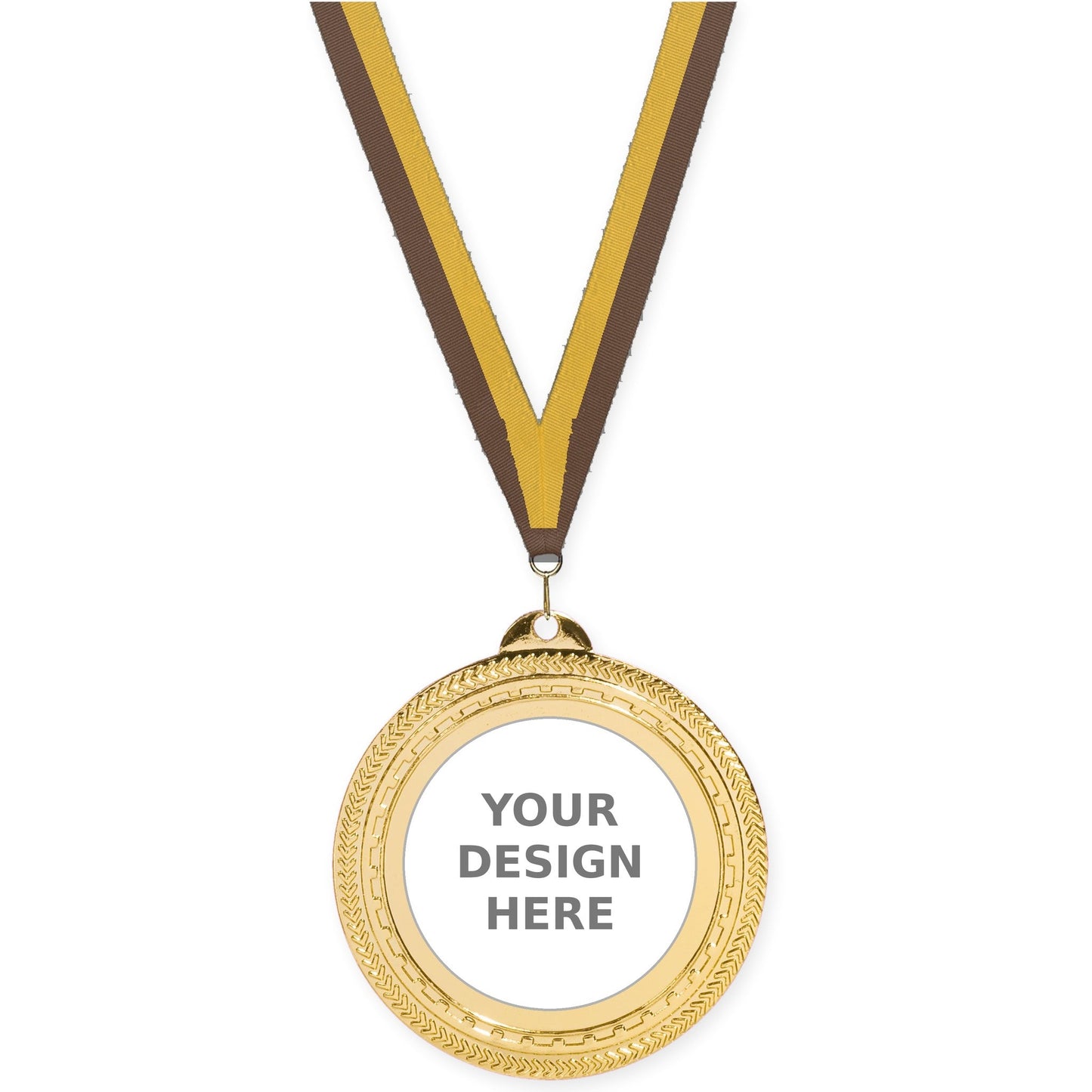 2 3/4 inch Rope Edge insert medal in bright gold with Brown Gold neck ribbon