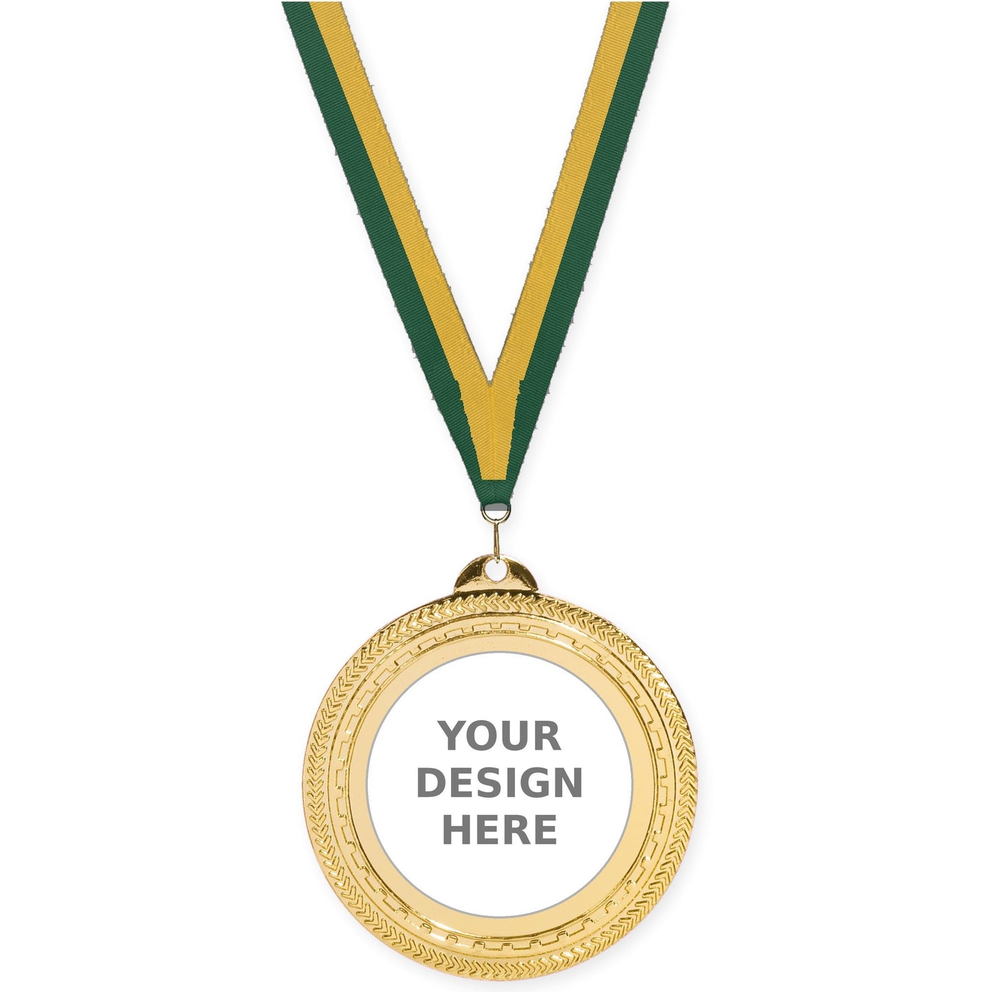 2 3/4 inch Rope Edge insert medal in bright gold with Hunter Green Gold neck ribbon