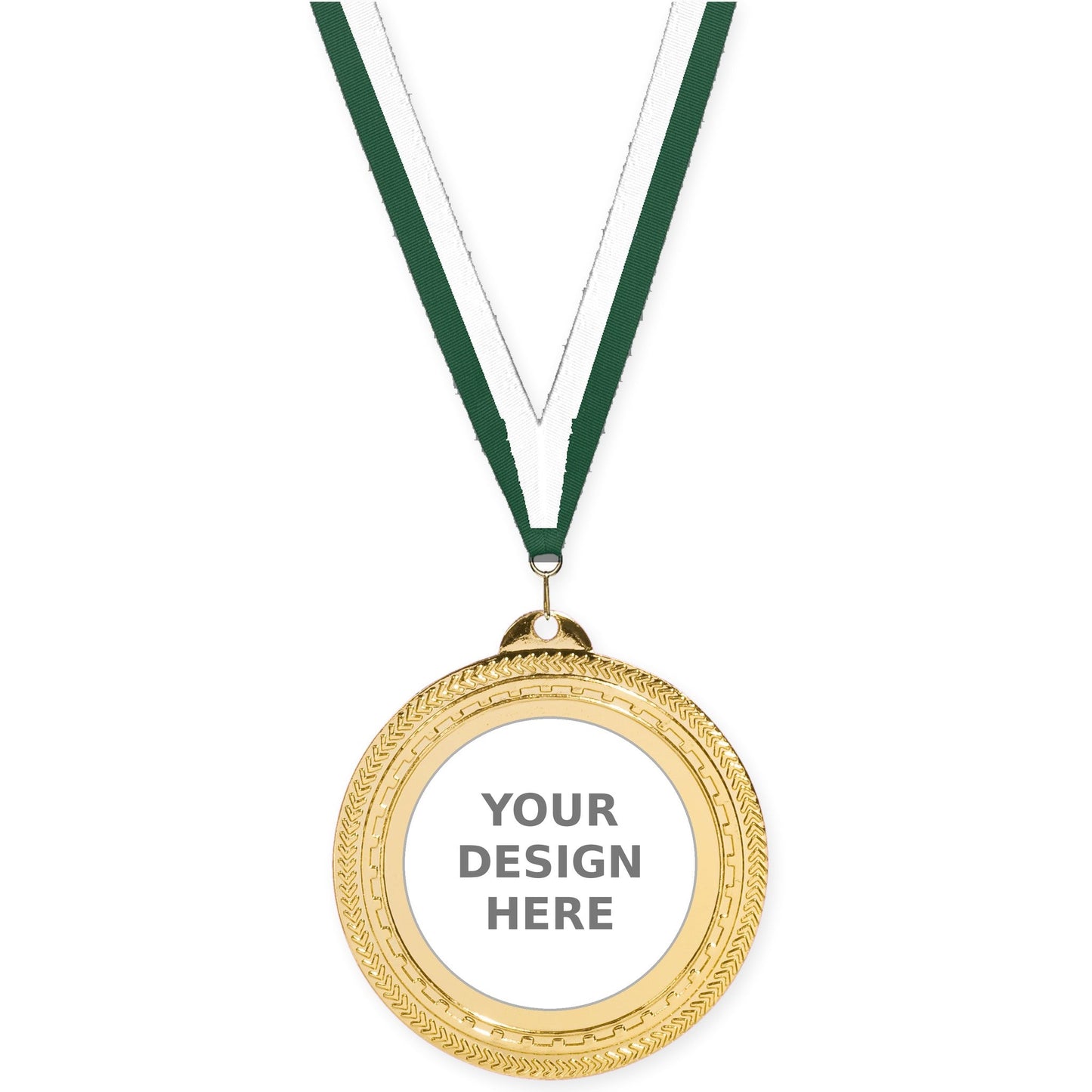 2 3/4 inch Rope Edge insert medal in bright gold with Hunter Green White neck ribbon