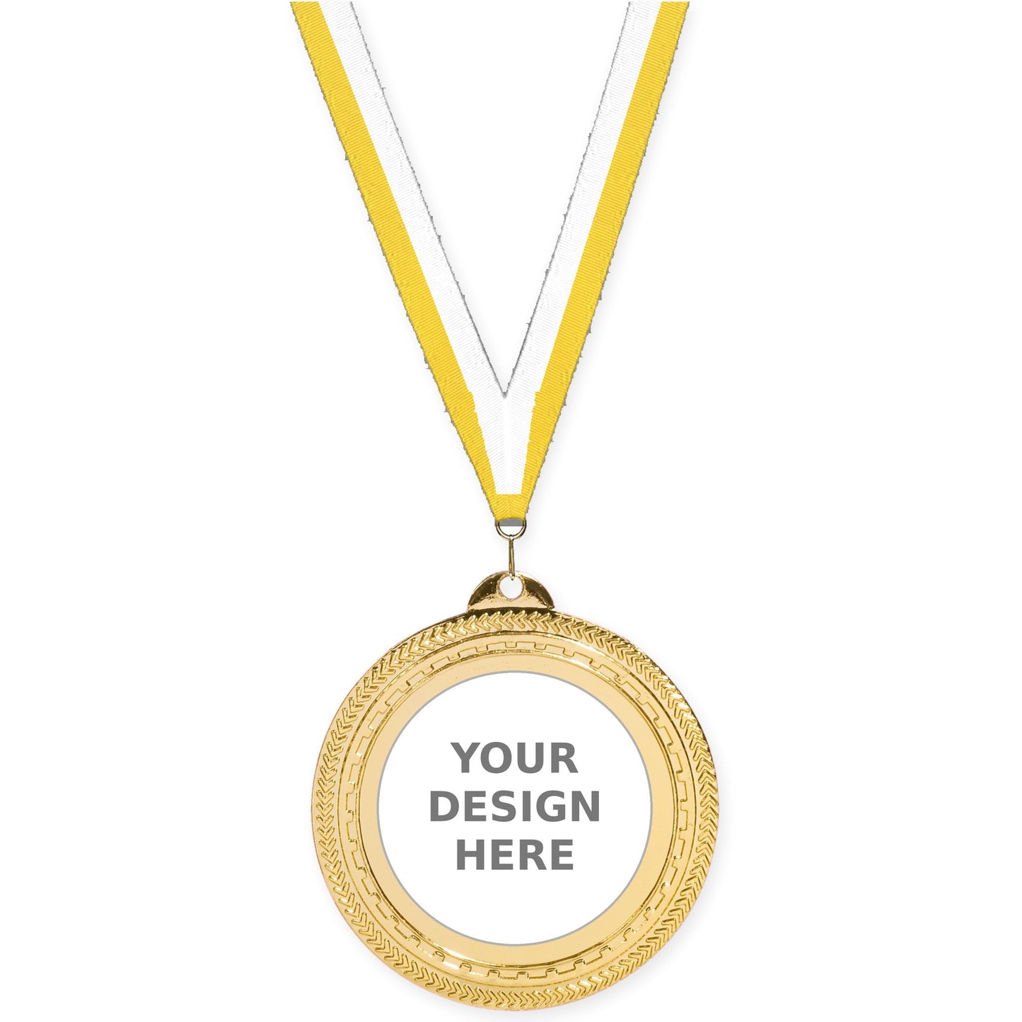 2 3/4 inch Rope Edge insert medal in bright gold with Yellow White neck ribbon