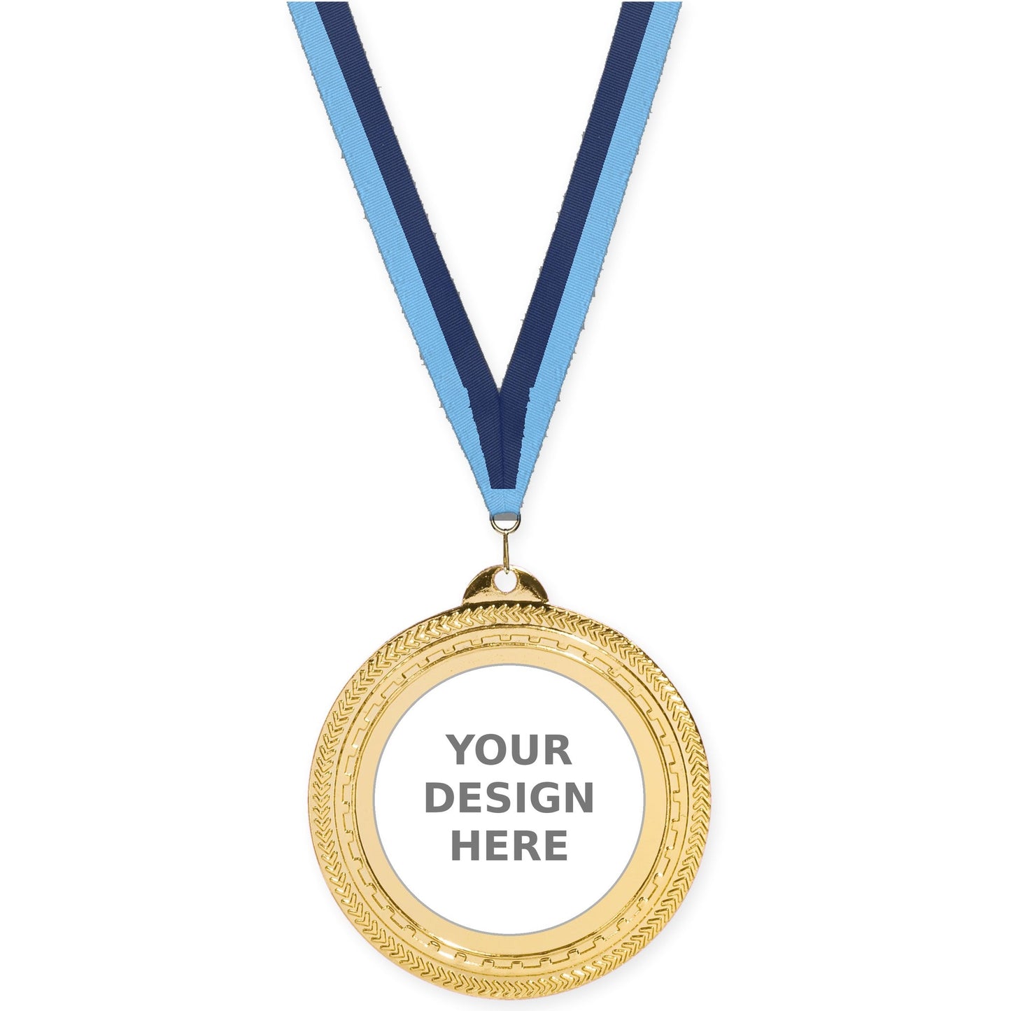 2 3/4 inch Rope Edge insert medal in bright gold with Light Blue Navy neck ribbon