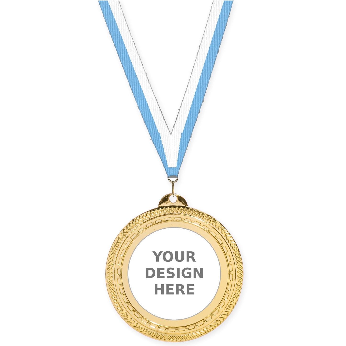 2 3/4 inch Rope Edge insert medal in bright gold with Light Blue White neck ribbon