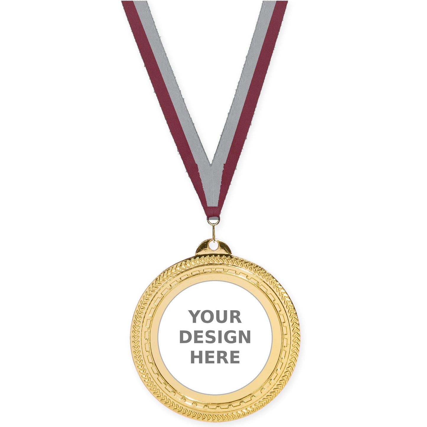 2 3/4 inch Rope Edge insert medal in bright gold with Maroon Gray neck ribbon
