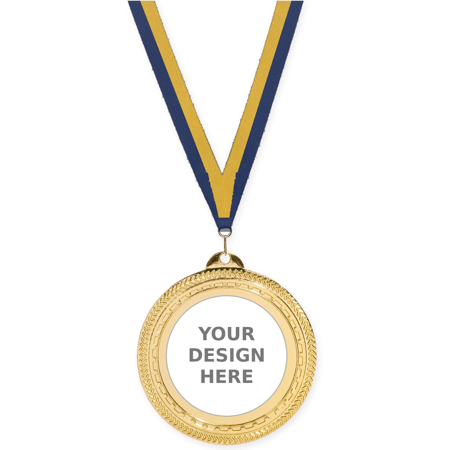 2 3/4 inch Rope Edge insert medal in bright gold with Navy Gold neck ribbon