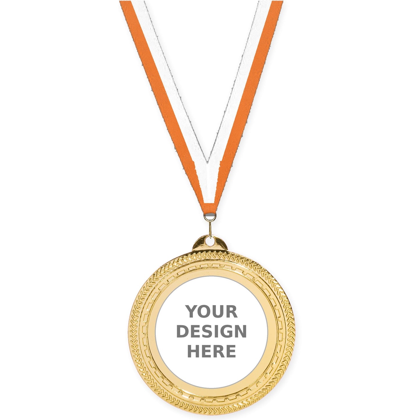 2 3/4 inch Rope Edge insert medal in bright gold with Orange White neck ribbon