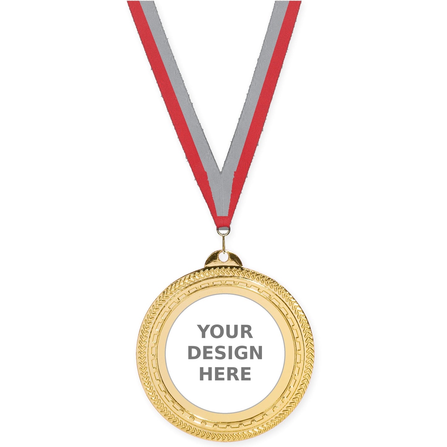 2 3/4 inch Rope Edge insert medal in bright gold with Red Gray neck ribbon