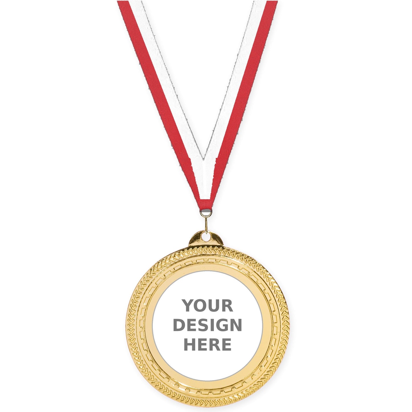 2 3/4 inch Rope Edge insert medal in bright gold with Red White neck ribbon
