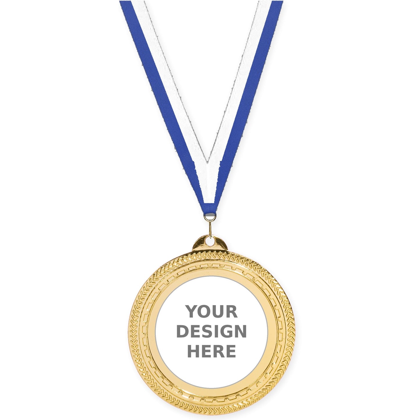 2 3/4 inch Rope Edge insert medal in bright gold with Blue White neck ribbon
