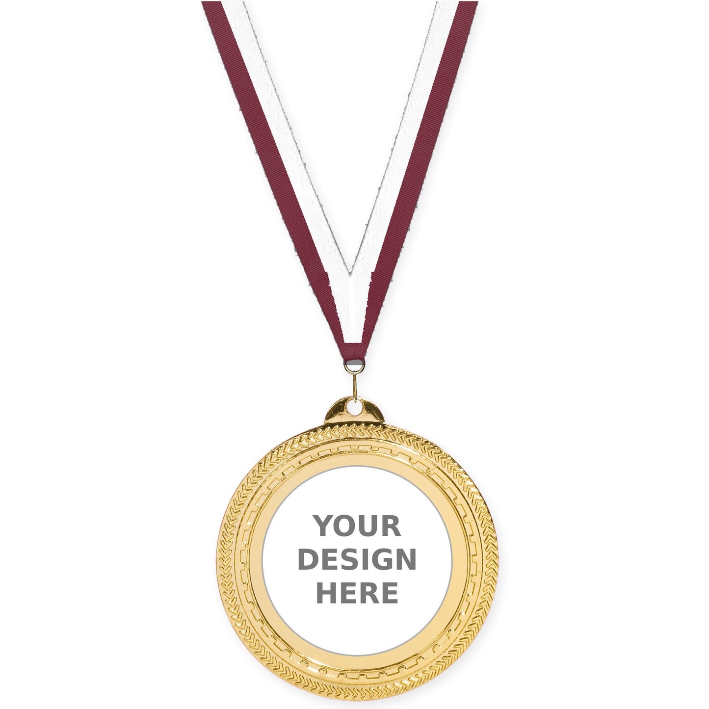 2 3/4 inch Rope Edge insert medal in bright gold with Maroon White neck ribbon