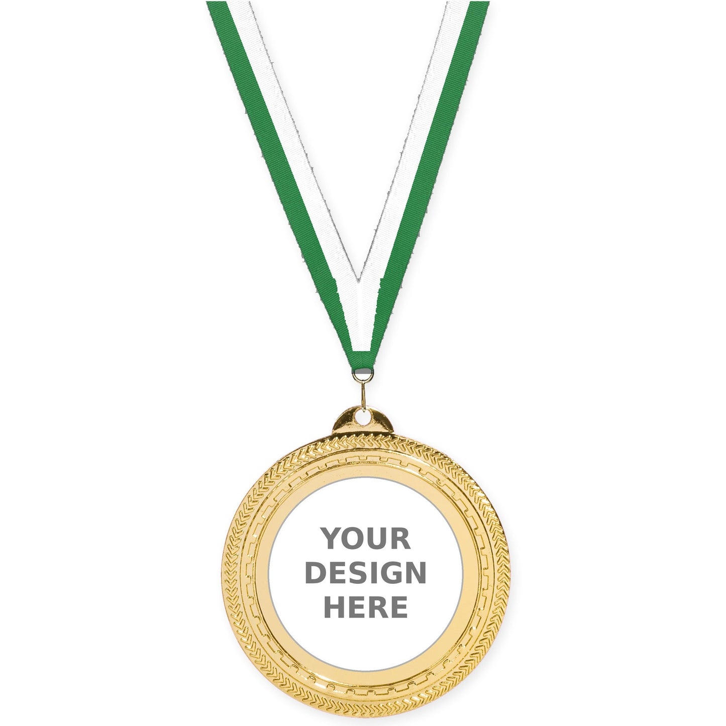 2 3/4 inch Rope Edge insert medal in bright gold with Green White neck ribbon