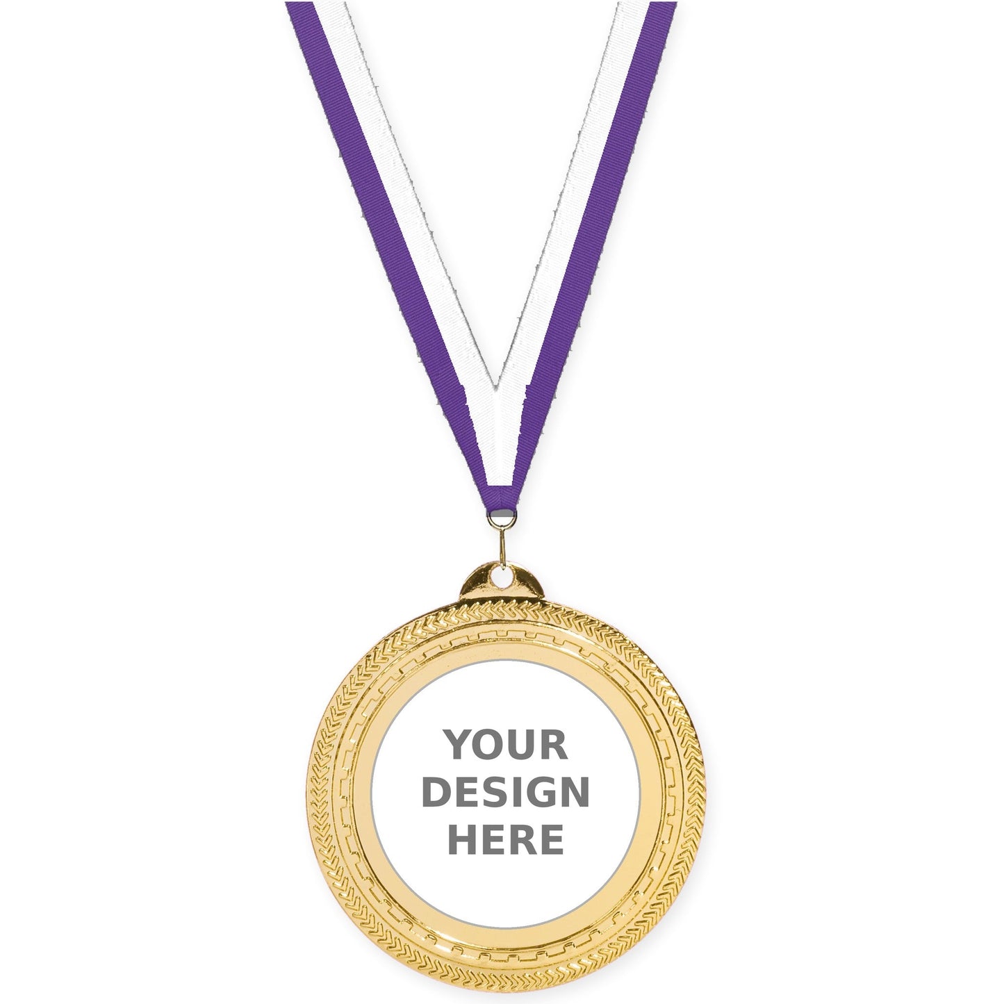 2 3/4 inch Rope Edge insert medal in bright gold with Purple White neck ribbon