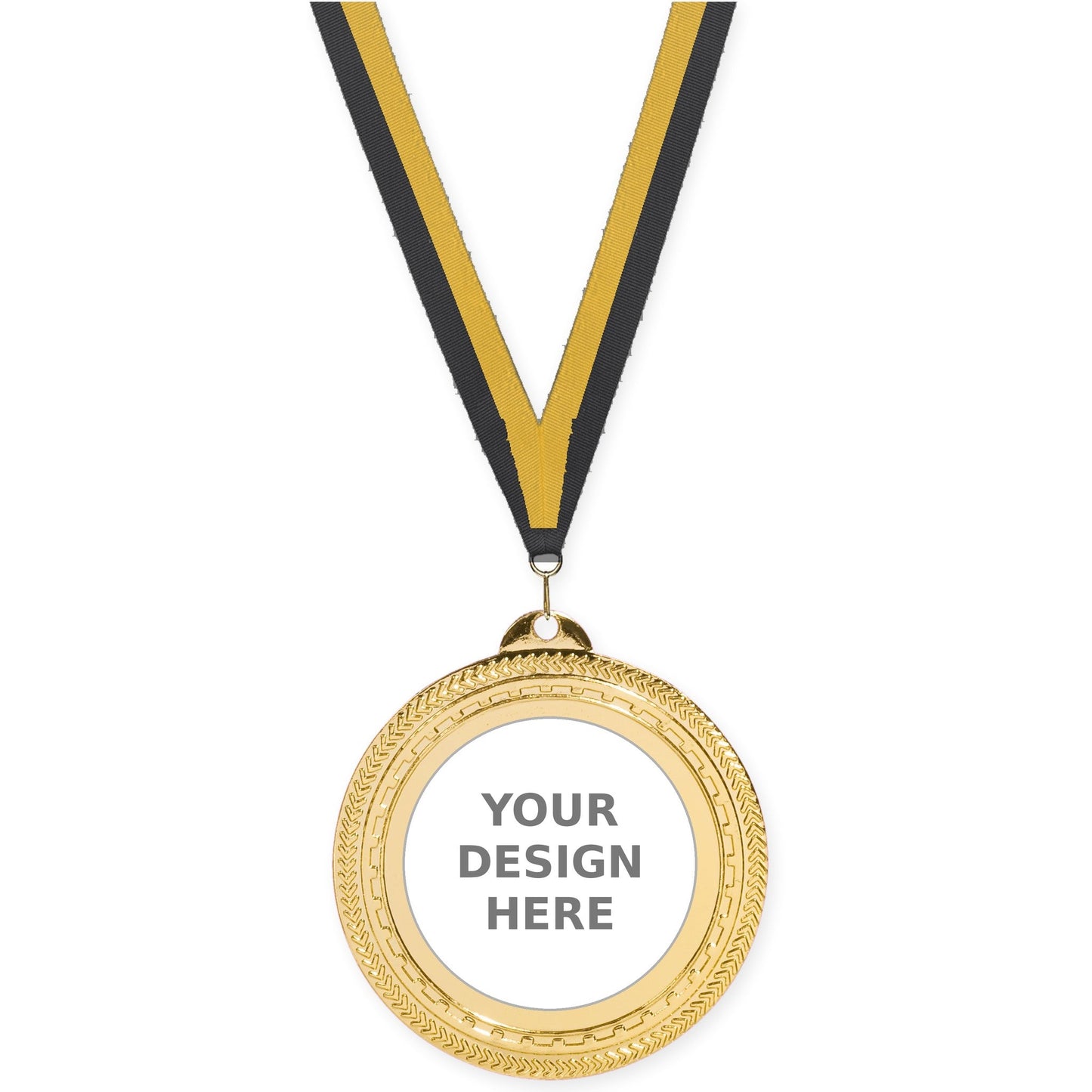 2 3/4 inch Rope Edge insert medal in bright gold with Black Gold neck ribbon