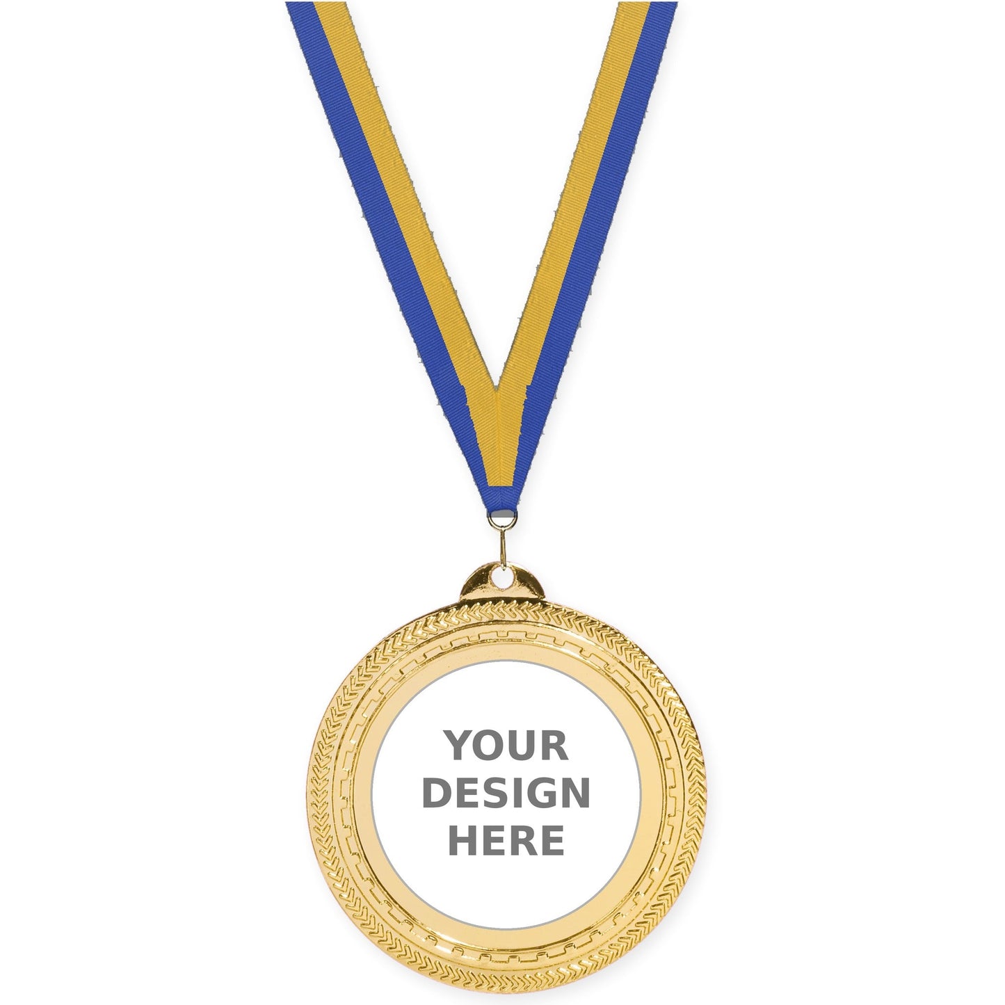 2 3/4 inch Rope Edge insert medal in bright gold with Blue Gold neck ribbon
