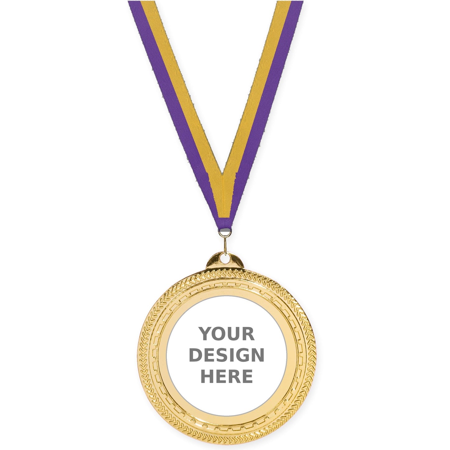 2 3/4 inch Rope Edge insert medal in bright gold with Purple Gold neck ribbon