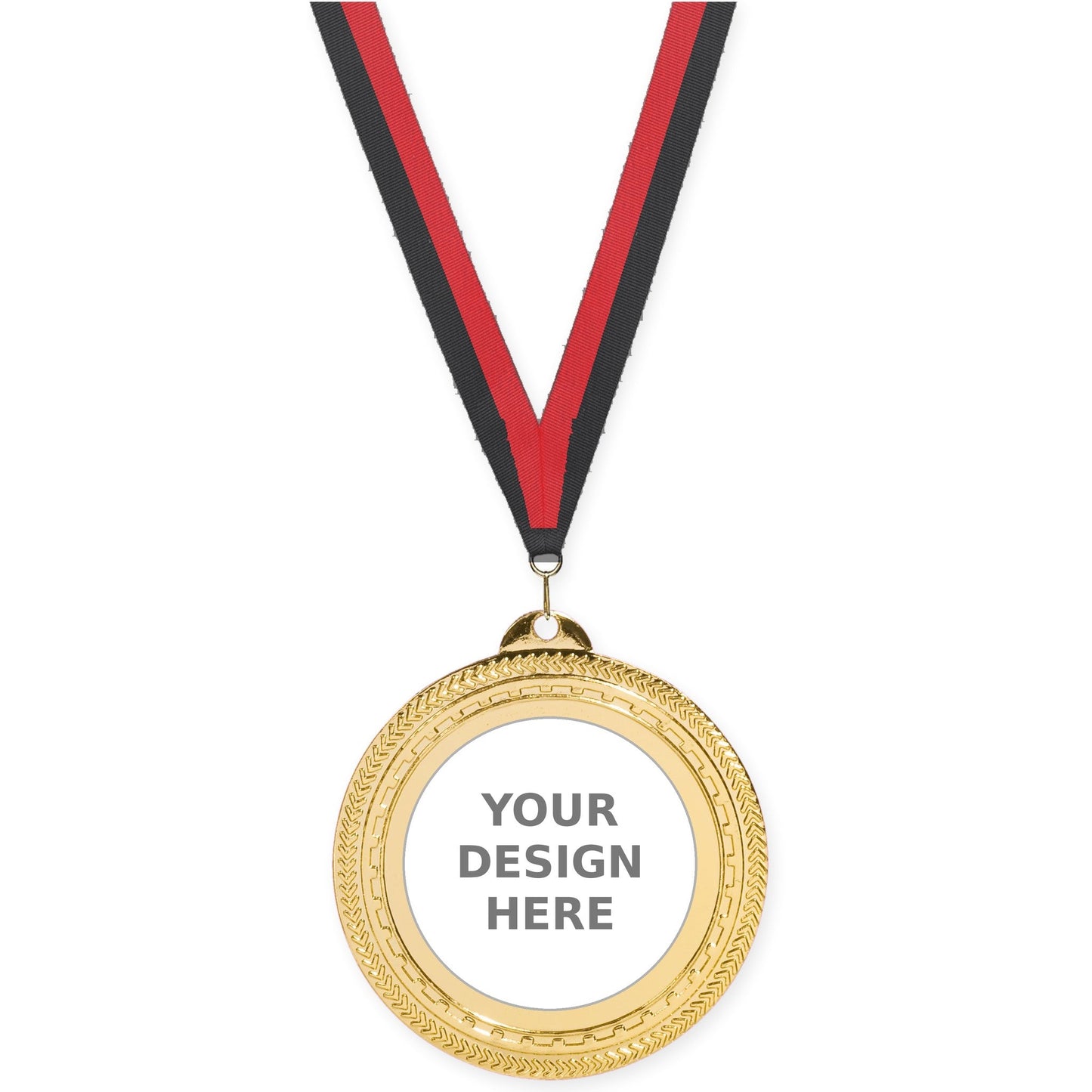 2 3/4 inch Rope Edge insert medal in bright gold with Black Red neck ribbon