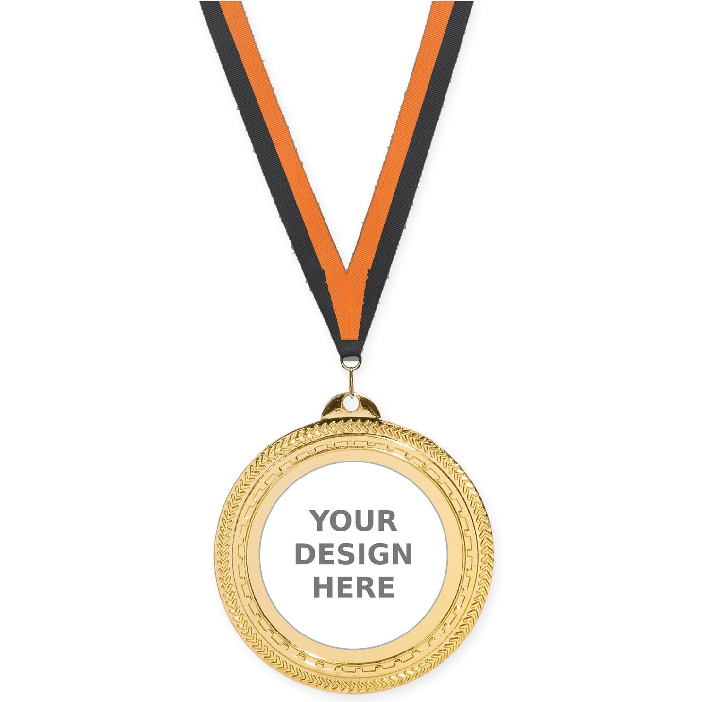 2 3/4 inch Rope Edge insert medal in bright gold with Black Orange neck ribbon