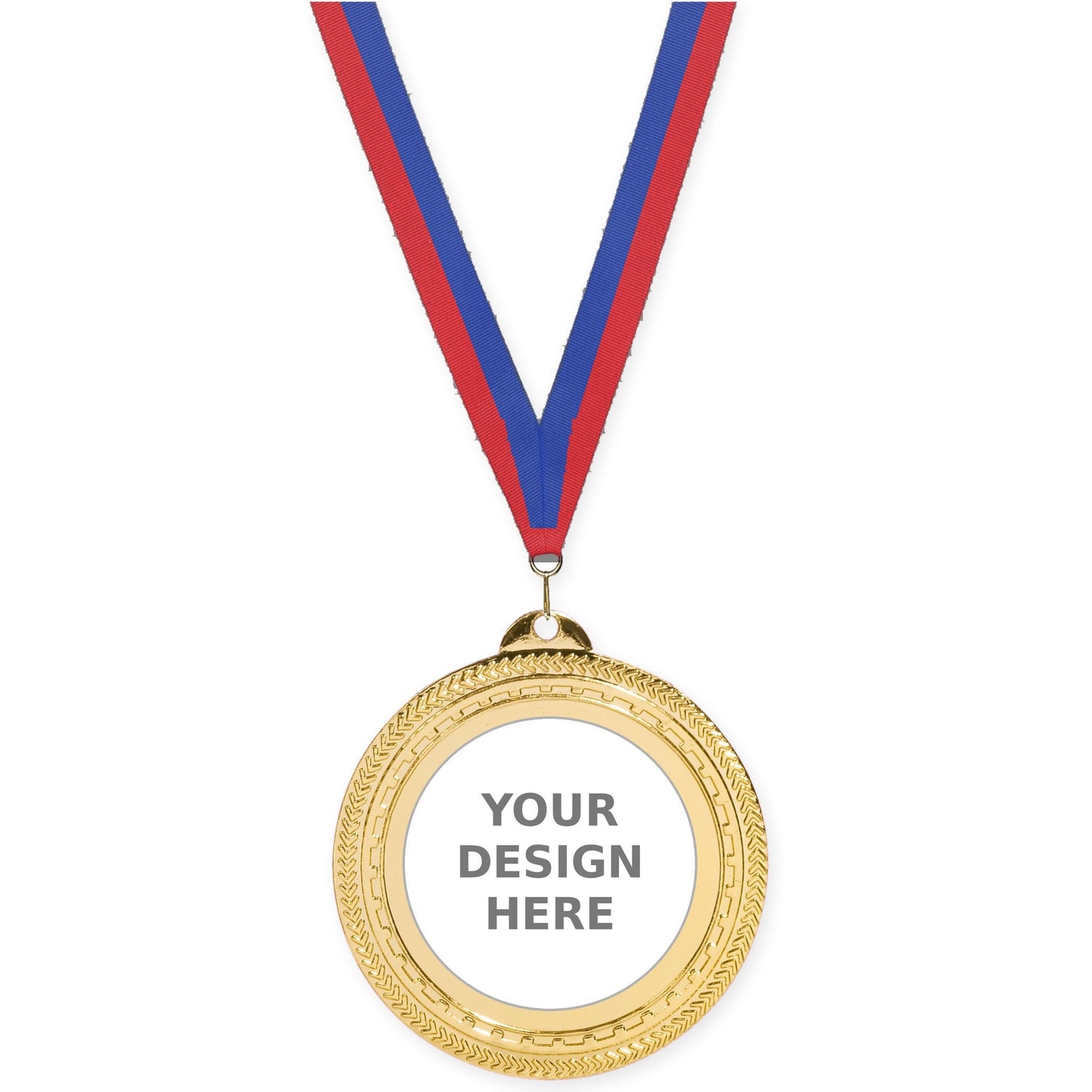 2 3/4 inch Rope Edge insert medal in bright gold with Blue Red neck ribbon
