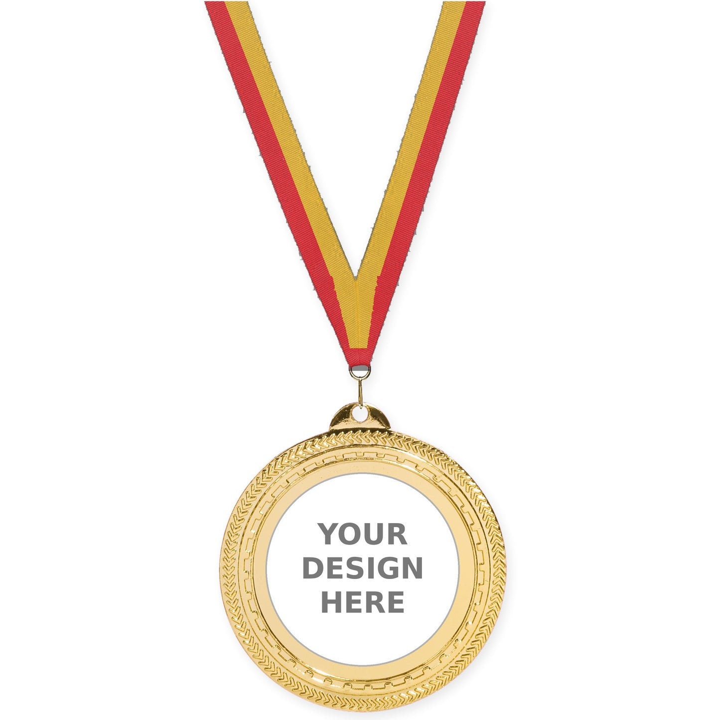 2 3/4 inch Rope Edge insert medal in bright gold with Red Gold neck ribbon